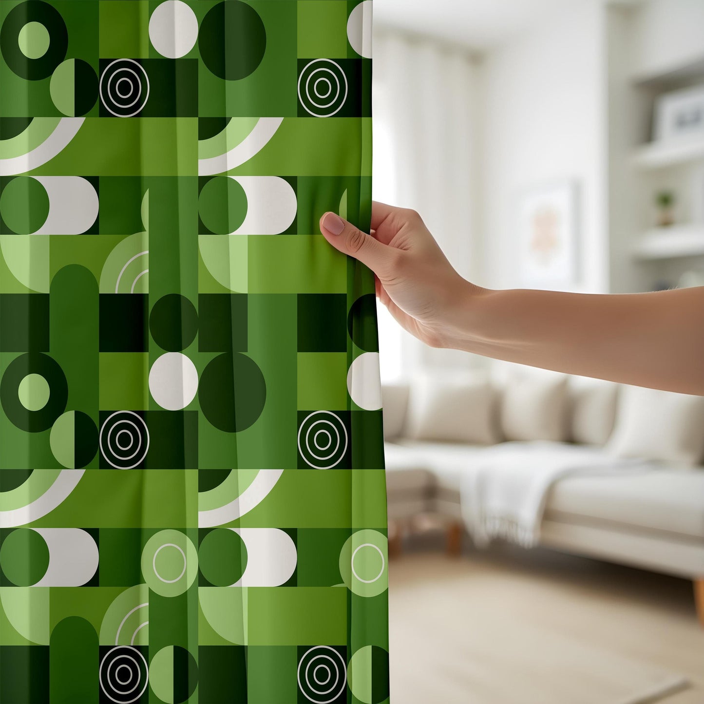 Onay Green Geometric Curtains – Mid-Century Modern Drapes with Retro White Pattern