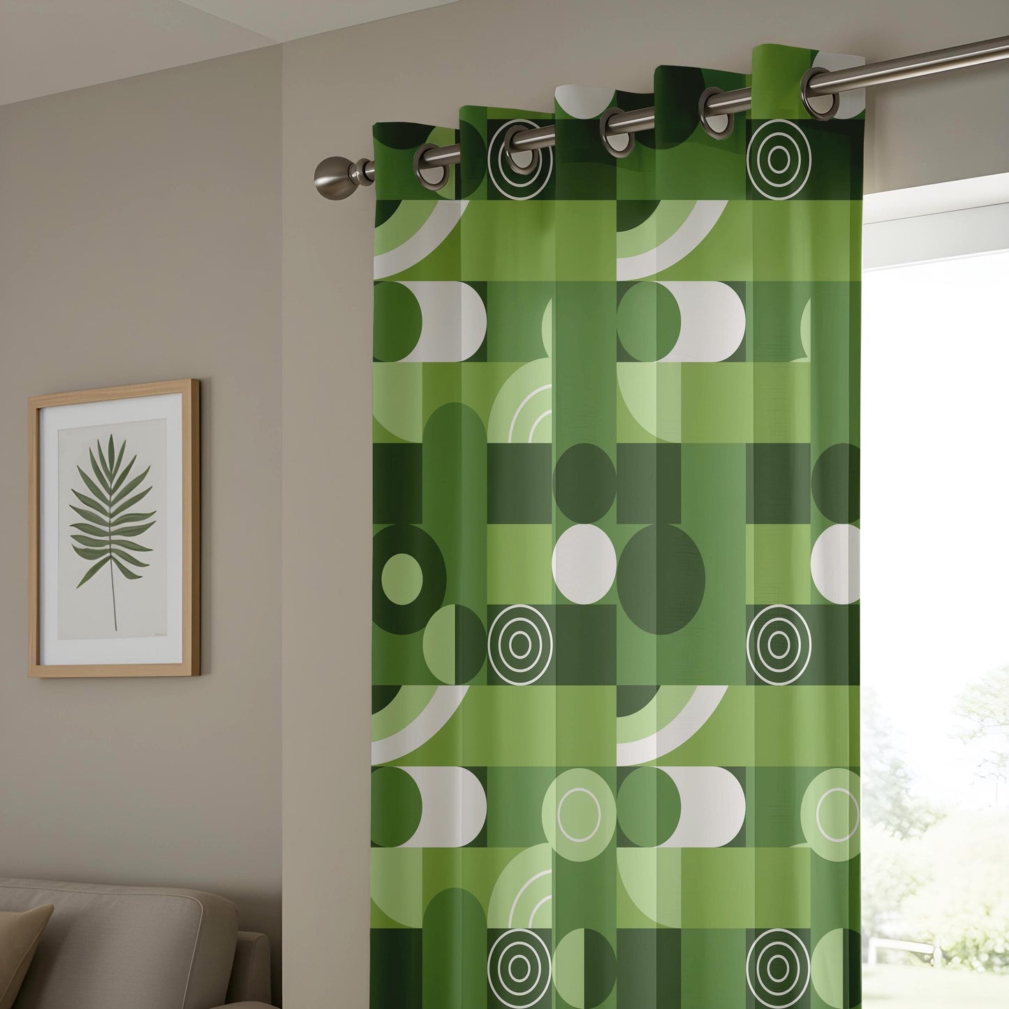 Onay Green Geometric Curtains – Mid-Century Modern Drapes with Retro White Pattern