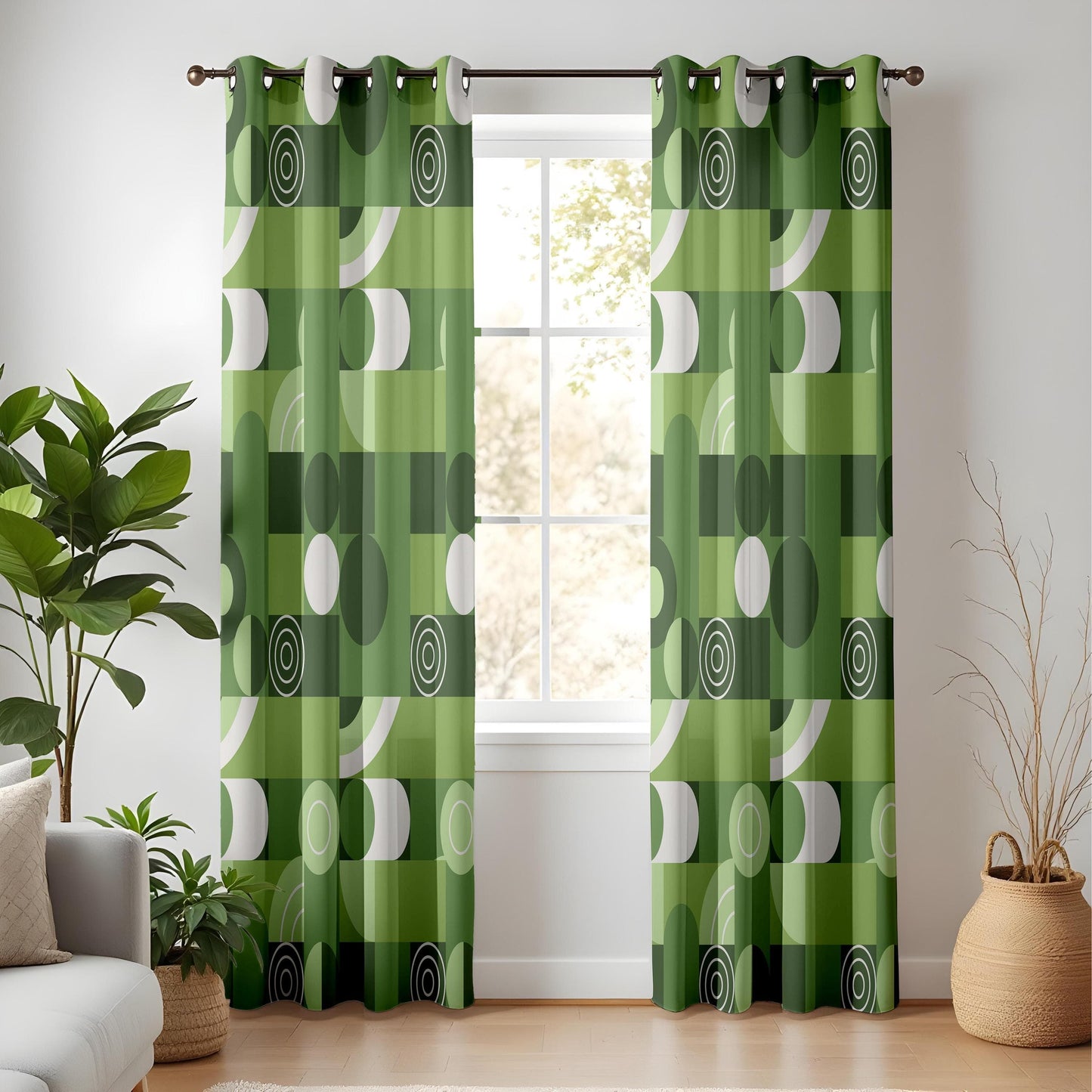 Onay Green Geometric Curtains – Mid-Century Modern Drapes with Retro White Pattern