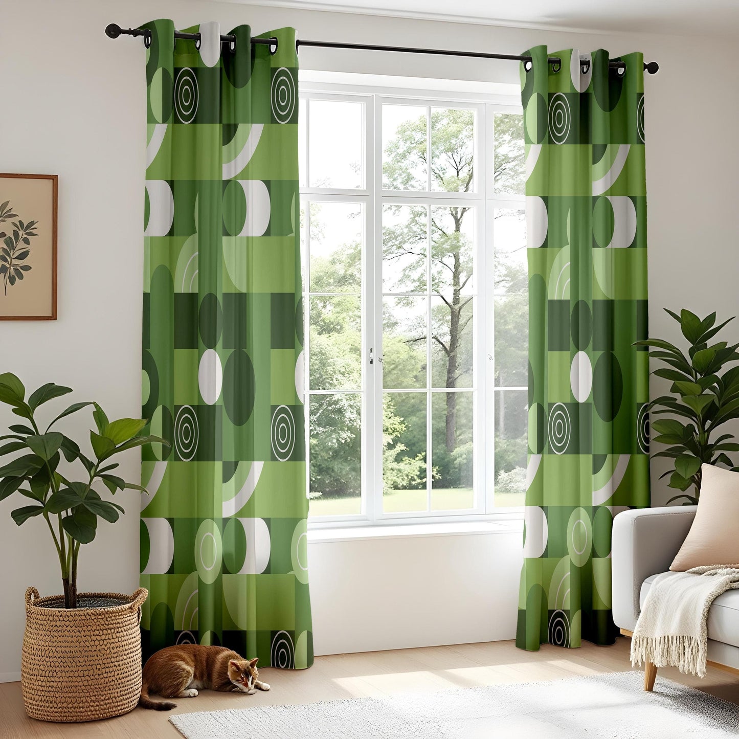 Onay Green Geometric Curtains – Mid-Century Modern Drapes with Retro White Pattern