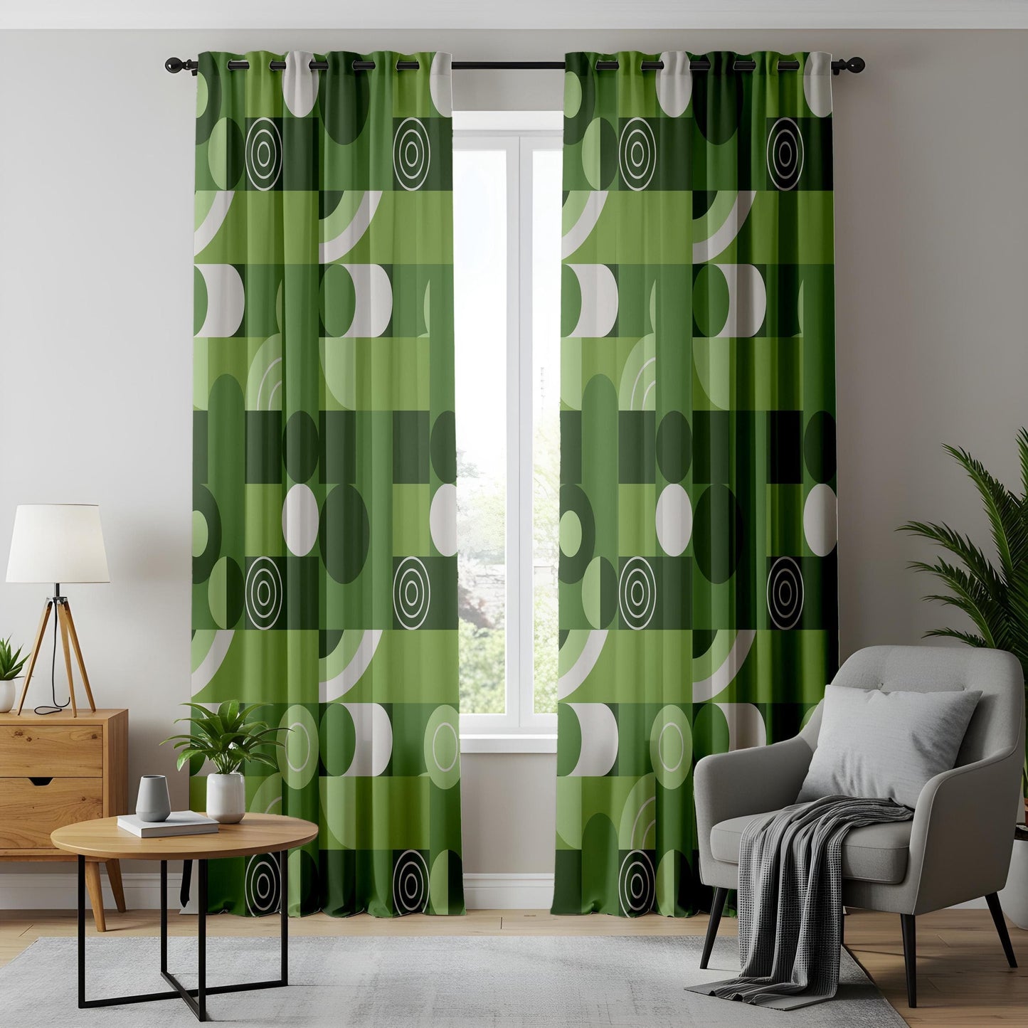 Onay Green Geometric Curtains – Mid-Century Modern Drapes with Retro White Pattern