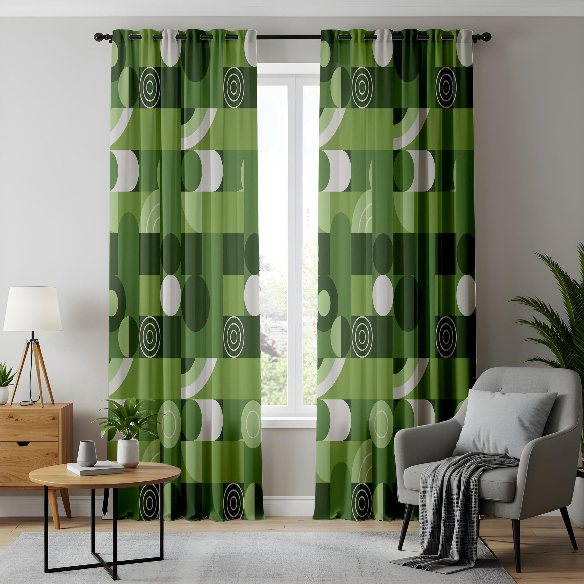 Onay Green Geometric Curtains – Mid-Century Modern Drapes with Retro White Pattern