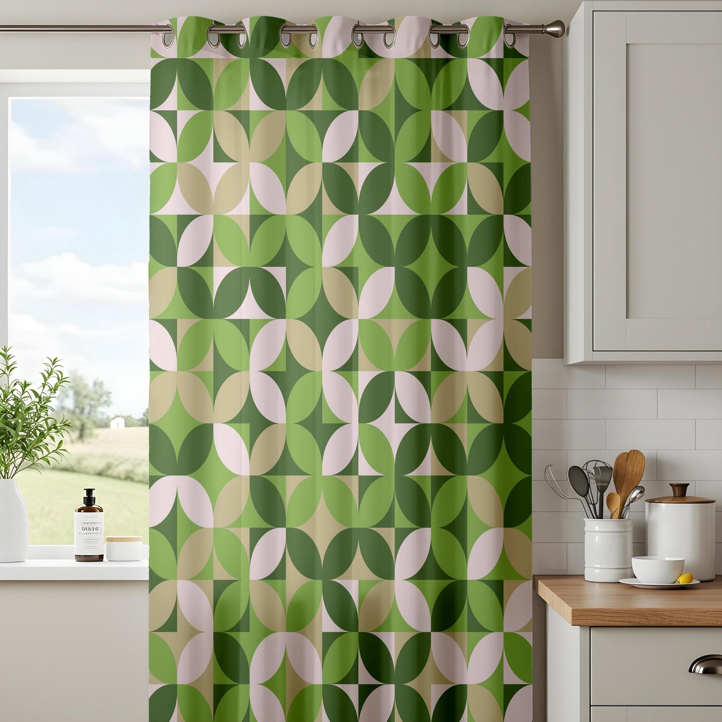 Onay Green Geometric Living Room Curtains, Mid-Century Modern Drapes