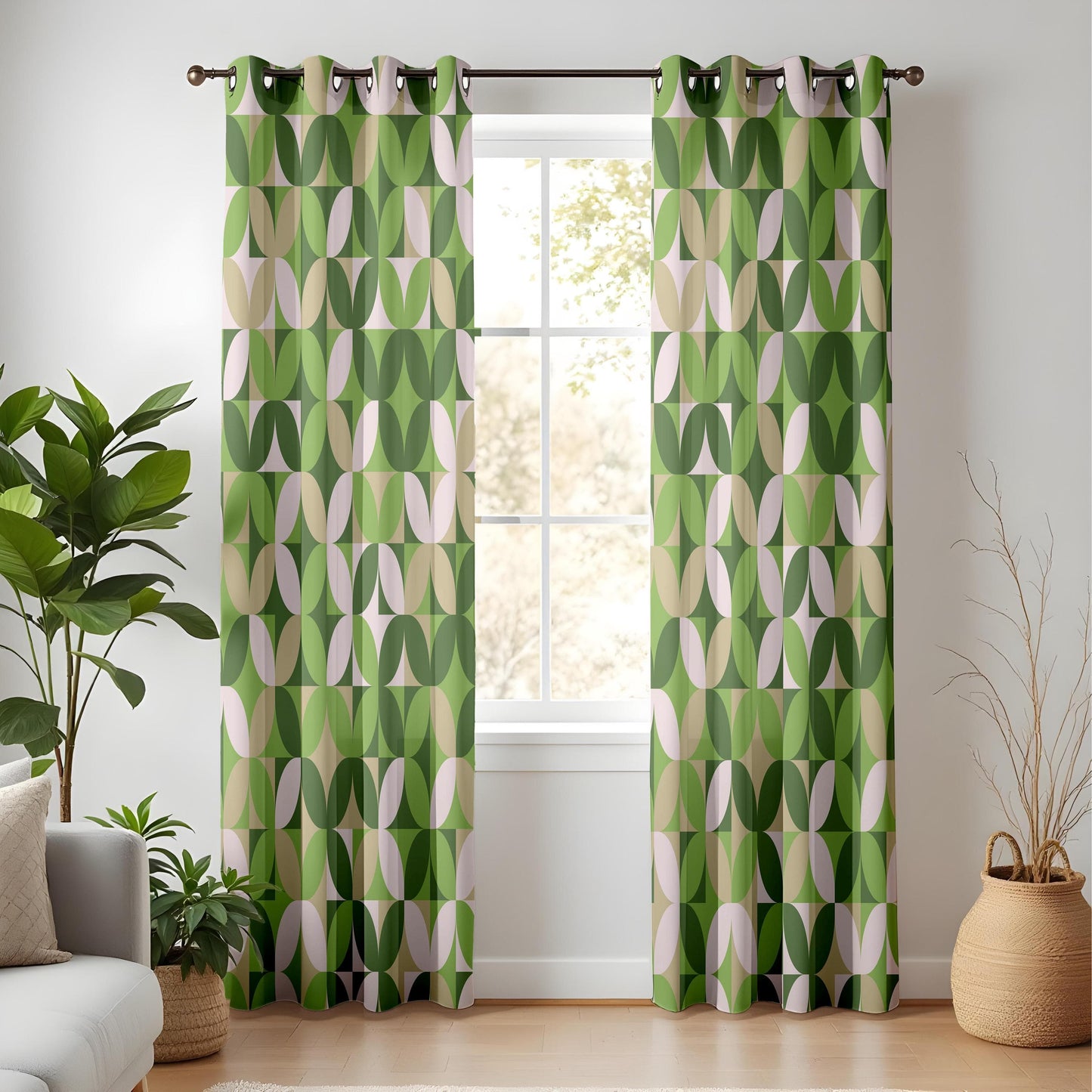 Onay Green Geometric Living Room Curtains, Mid-Century Modern Drapes