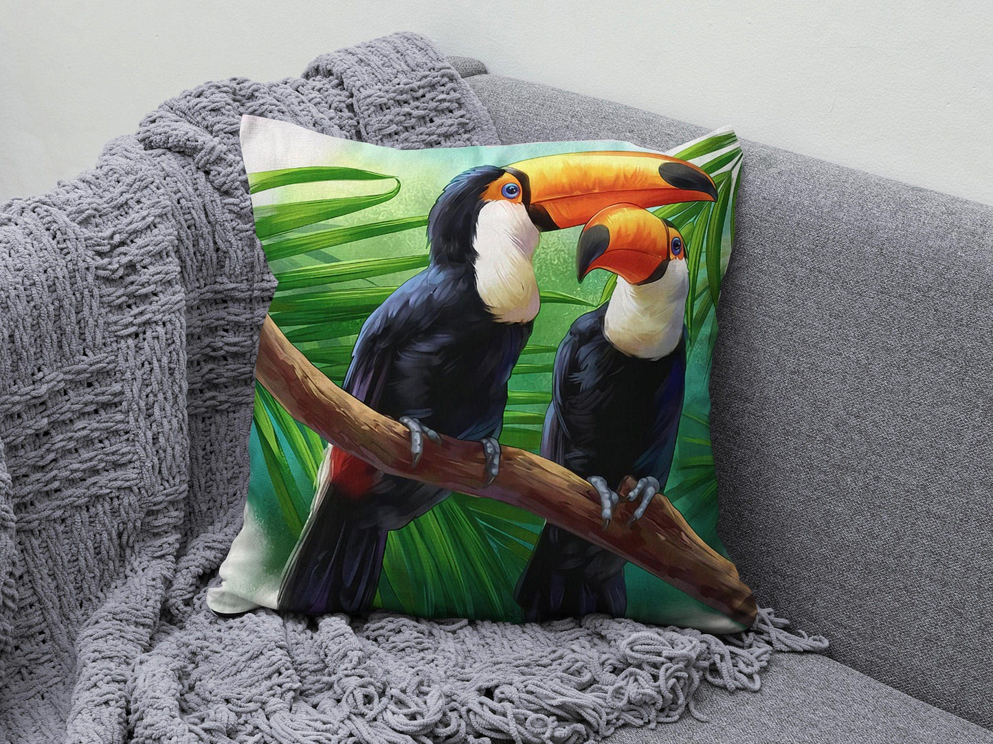 Onay 4 / 12 x 12 inch (30 x 30 cm) Green Leaf Toucan Parrot Print Tropical Cushion Cover