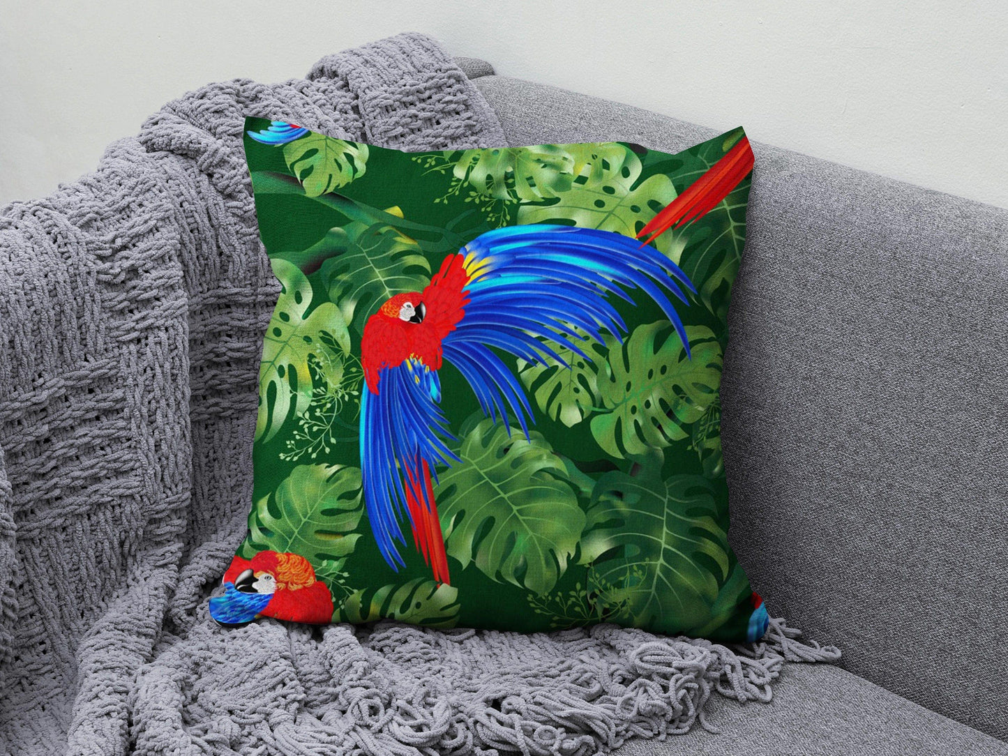 Onay 3 / 12 x 12 inch (30 x 30 cm) Green Leaf Toucan Parrot Print Tropical Cushion Cover