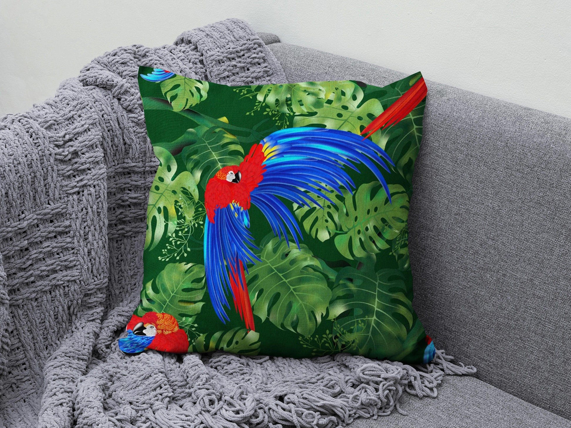 Onay 3 / 12 x 12 inch (30 x 30 cm) Green Leaf Toucan Parrot Print Tropical Cushion Cover
