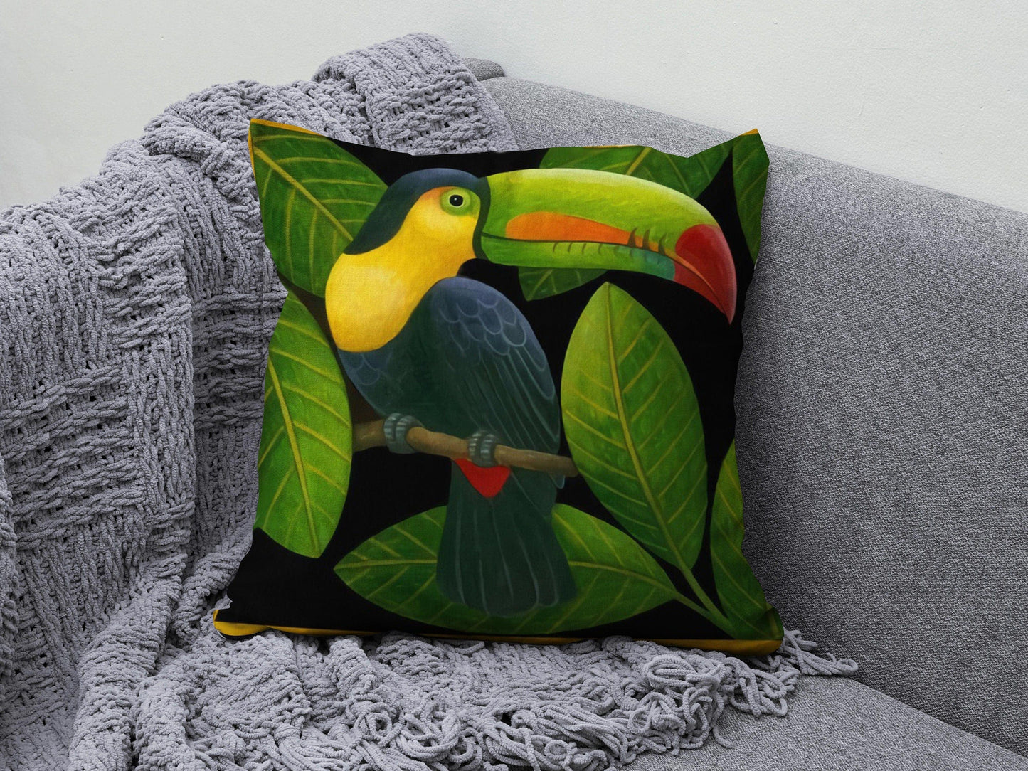 Onay 2 / 12 x 12 inch (30 x 30 cm) Green Leaf Toucan Parrot Print Tropical Cushion Cover
