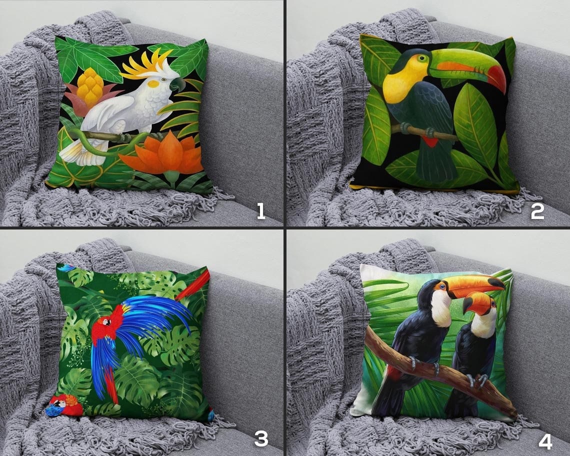 Onay Green Leaf Toucan Parrot Print Tropical Cushion Cover