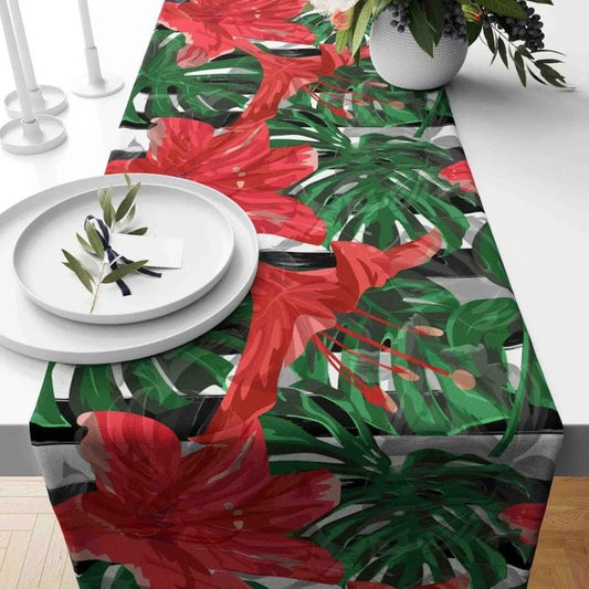 Onay Home Textile table runner 1 / 12 x 46 inch (30 x 120 cm) Green Leaves Table Runner Tropical Flower Table Cloth