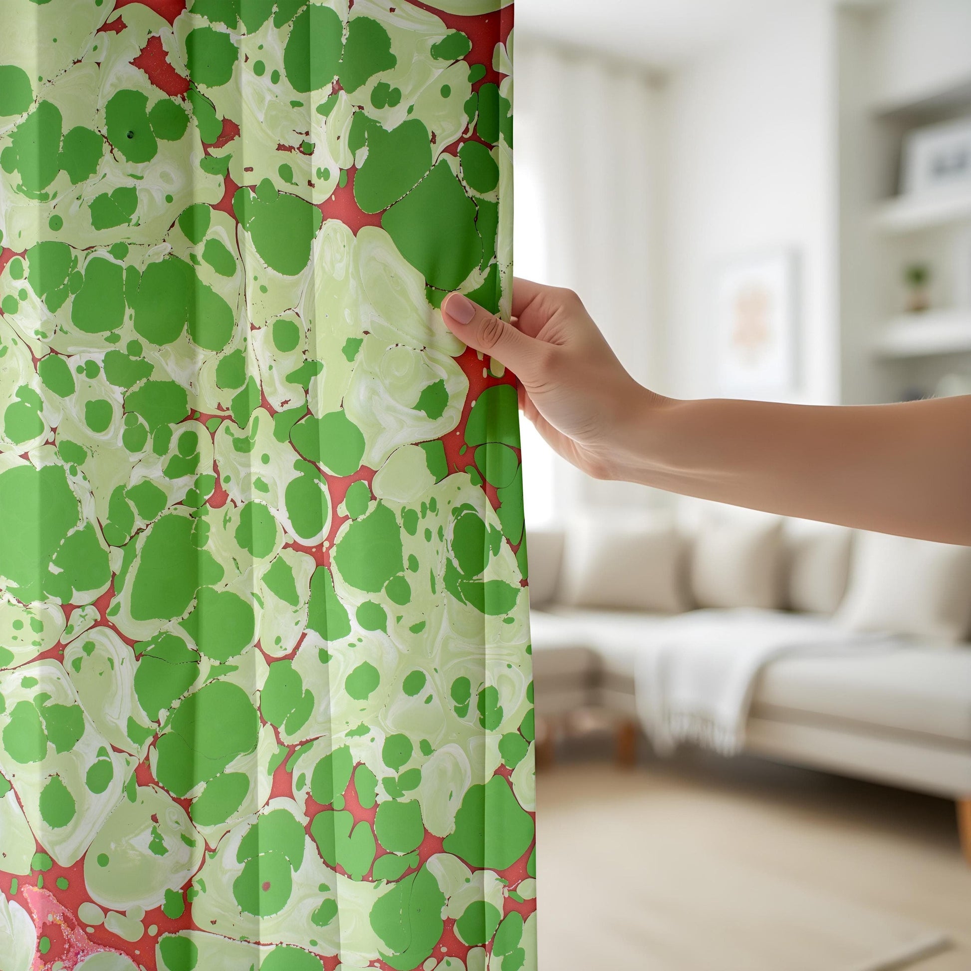 Onay Green Marble Abstract Curtains, Artistic Ebru Drapes, Watercolor Inspired Home Decor