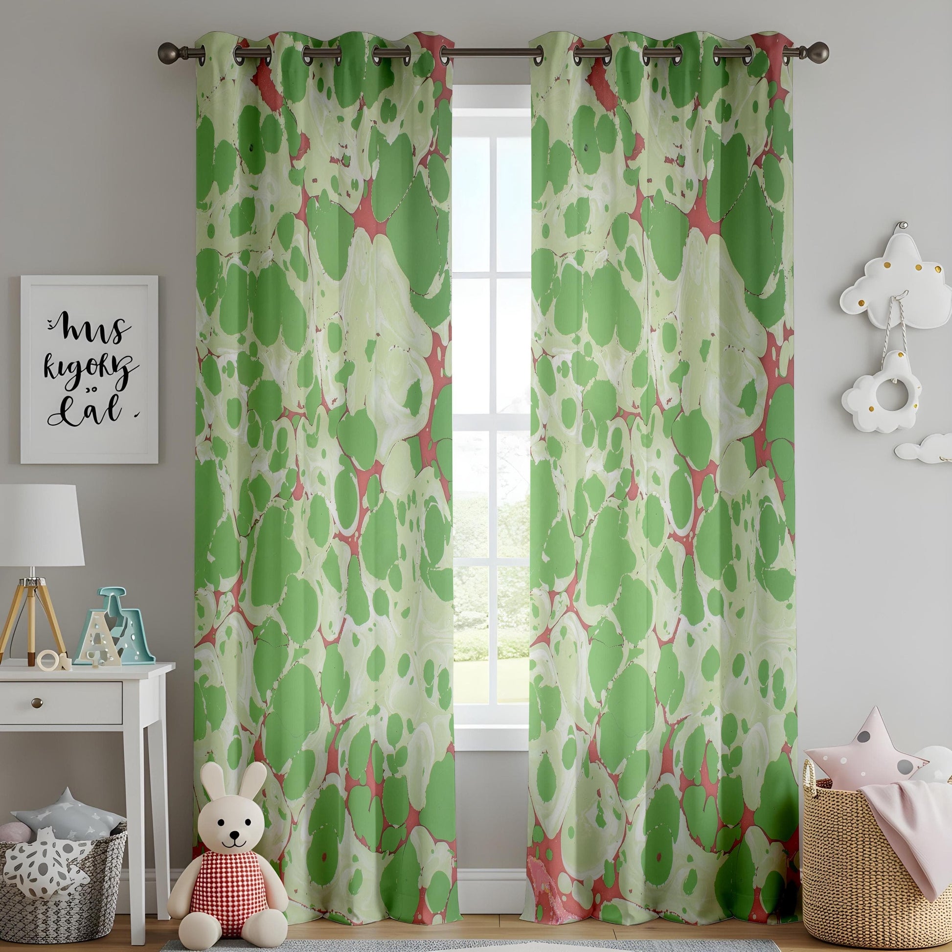 Onay Green Marble Abstract Curtains, Artistic Ebru Drapes, Watercolor Inspired Home Decor