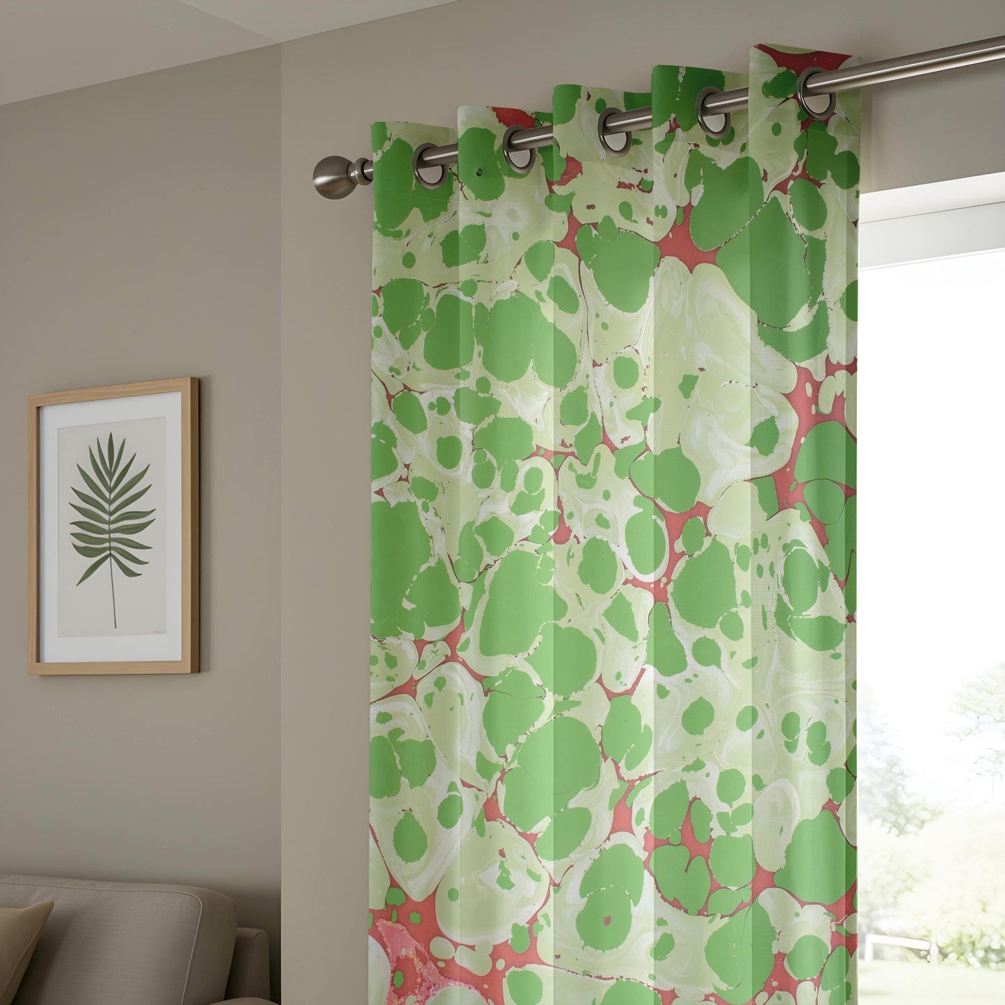 Onay Green Marble Abstract Curtains, Artistic Ebru Drapes, Watercolor Inspired Home Decor