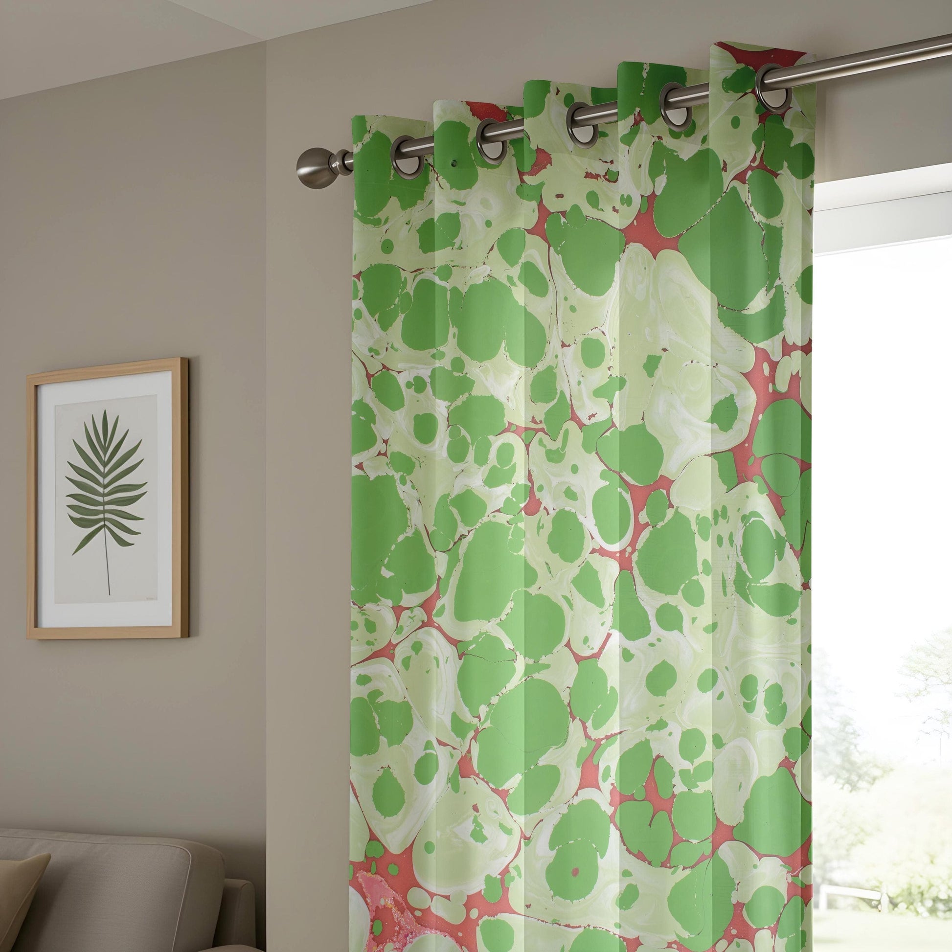 Onay Green Marble Abstract Curtains, Artistic Ebru Drapes, Watercolor Inspired Home Decor