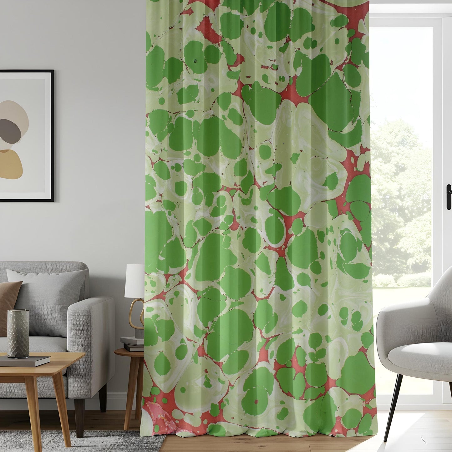 Onay Green Marble Abstract Curtains, Artistic Ebru Drapes, Watercolor Inspired Home Decor