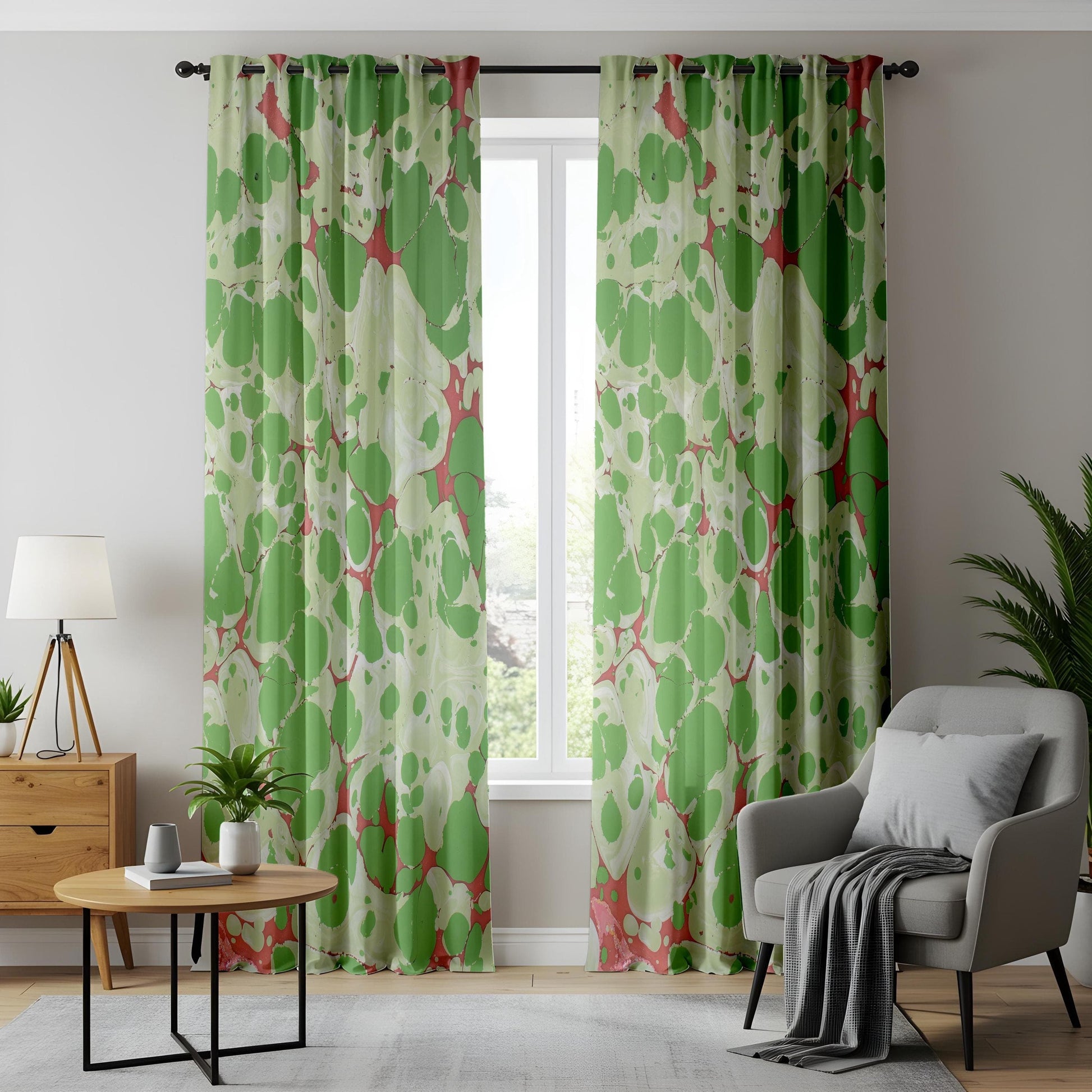 Onay Green Marble Abstract Curtains, Artistic Ebru Drapes, Watercolor Inspired Home Decor