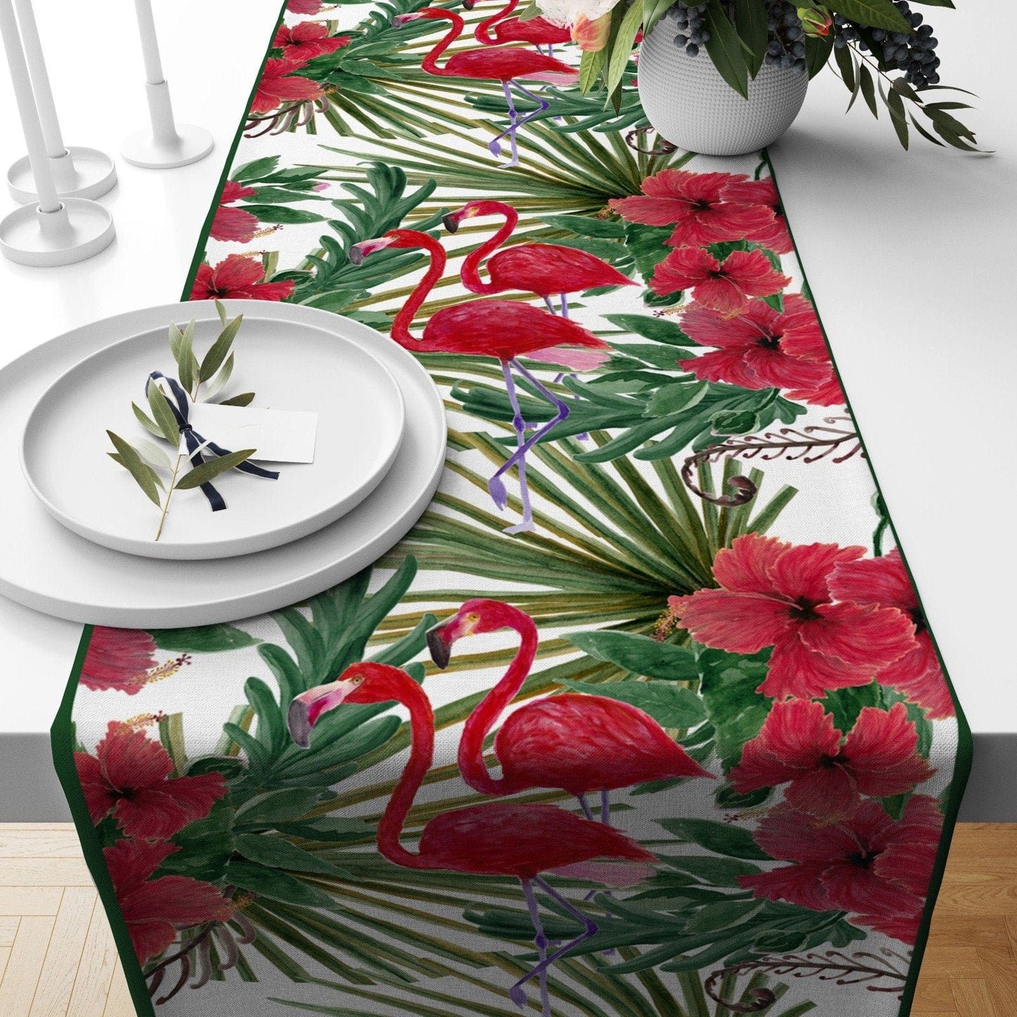 Onay Home Textile table runner 4 / 12 x 46 inch (30 x 120 cm) Green Plants Table Runner Floral Table Cloth Summer Trend