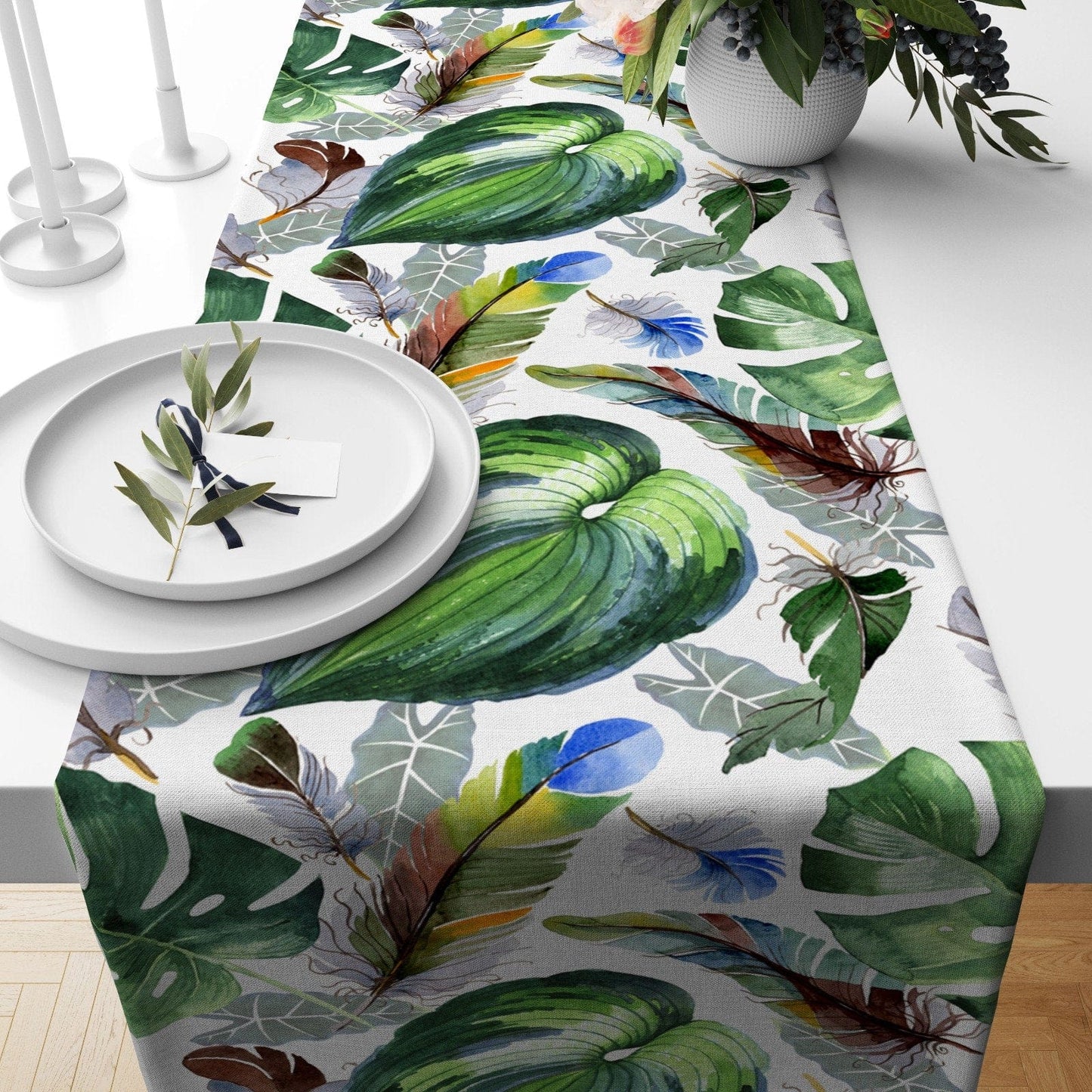 Onay Home Textile table runner 3 / 12 x 46 inch (30 x 120 cm) Green Plants Table Runner Floral Table Cloth Summer Trend