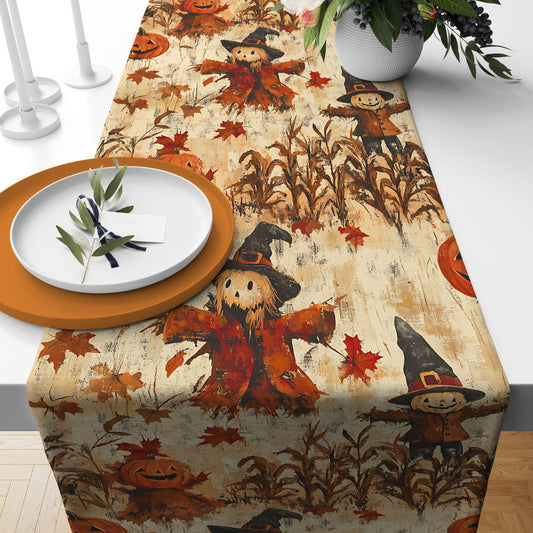 Rustic Autumn & Halloween Table Runner with Scarecrow & Pumpkin Print