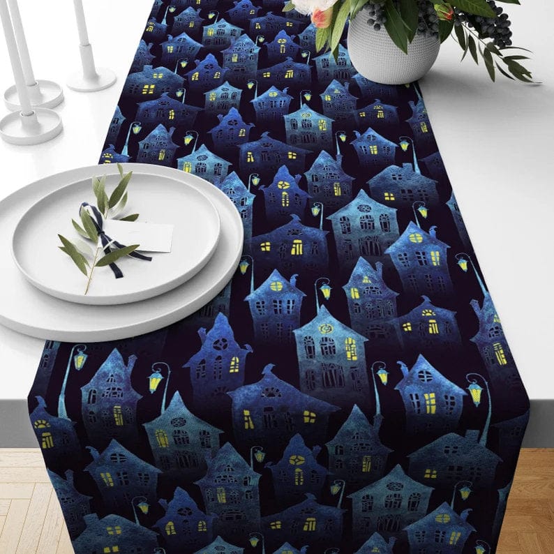 Onay 4 / 12 x 46 inch (30 x 120 cm) Halloween Table Runner Black Orange and Blue Carved Pumpkin Tablecloth
