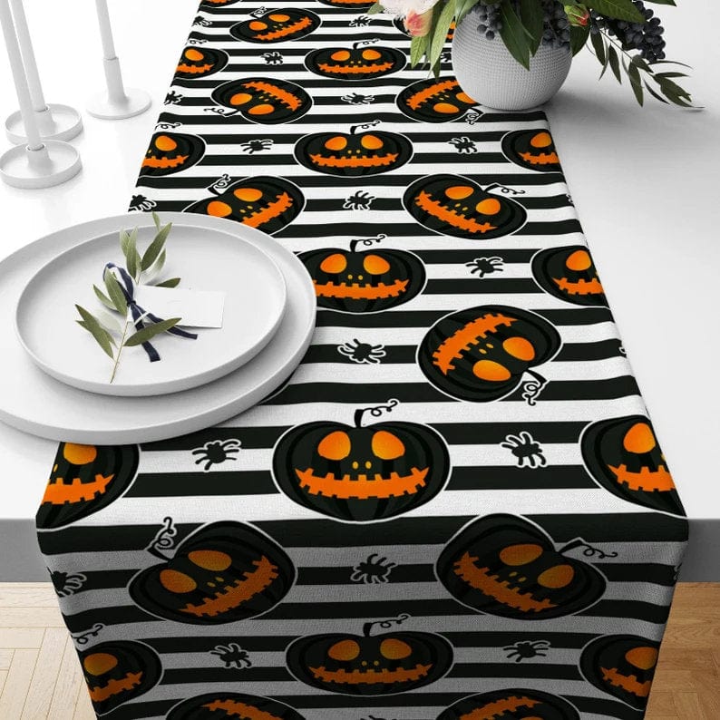 Onay 3 / 12 x 46 inch (30 x 120 cm) Halloween Table Runner Black Orange and Blue Carved Pumpkin Tablecloth