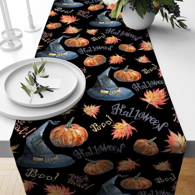 Onay 2 / 12 x 46 inch (30 x 120 cm) Halloween Table Runner Black Orange and Blue Carved Pumpkin Tablecloth