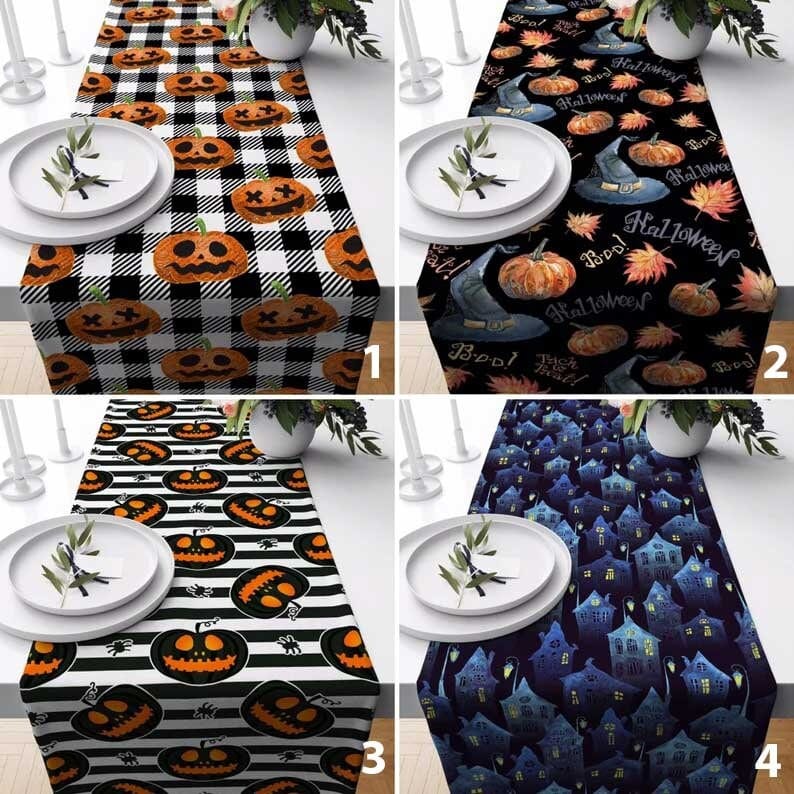 Onay Halloween Table Runner Black Orange and Blue Carved Pumpkin Tablecloth