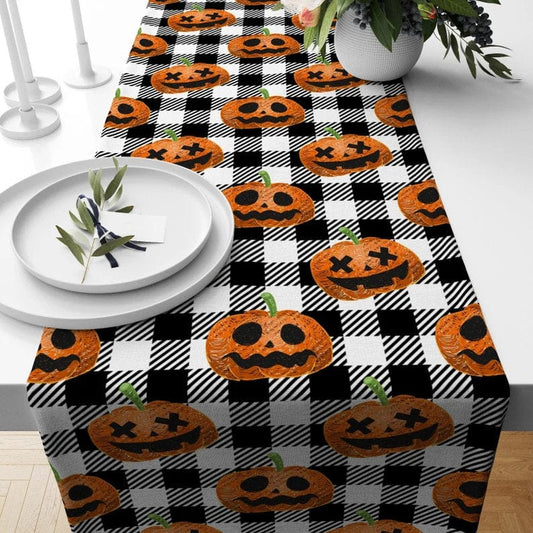 Onay 1 / 12 x 46 inch (30 x 120 cm) Halloween Table Runner Black Orange and Blue Carved Pumpkin Tablecloth