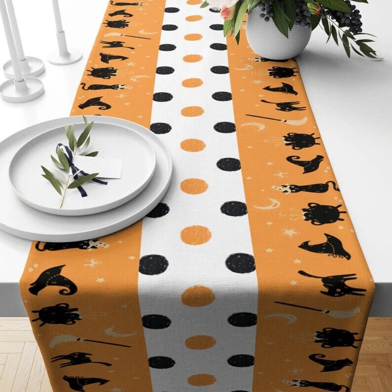 Onay 2 / 12 x 46 inch (30 x 120 cm) Halloween Table Runner Polka Dot October Kitchen Runner Orange & White Tablecloth