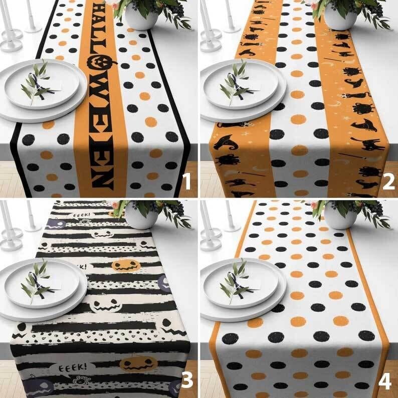 Onay Halloween Table Runner Polka Dot October Kitchen Runner Orange & White Tablecloth