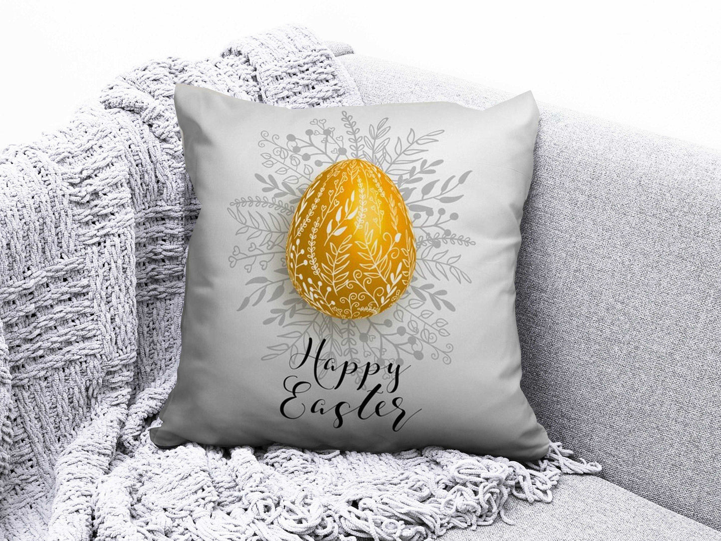 Onay 6 / 12 x 12 inch (30 x 30 cm) Double Side Happy Easter Concept Bunny Painted Eggs Cushion Cover