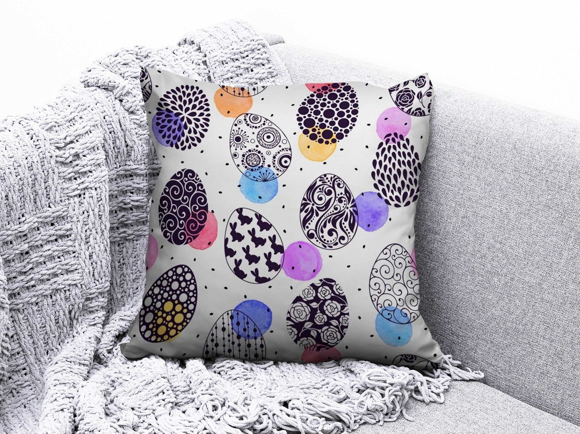 Onay 5 / 12 x 12 inch (30 x 30 cm) Double Side Happy Easter Concept Bunny Painted Eggs Cushion Cover