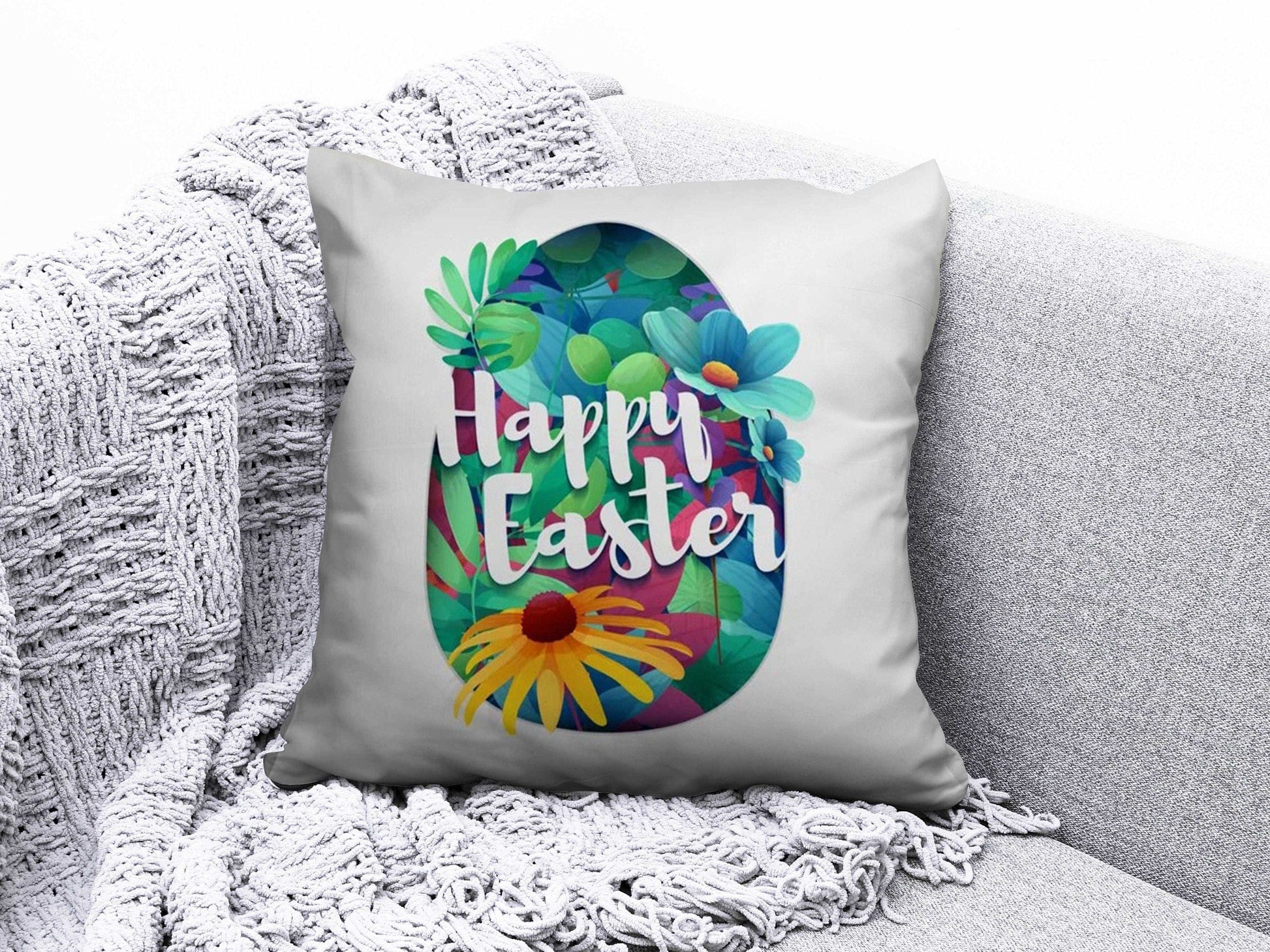 Onay 4 / 12 x 12 inch (30 x 30 cm) Double Side Happy Easter Concept Bunny Painted Eggs Cushion Cover