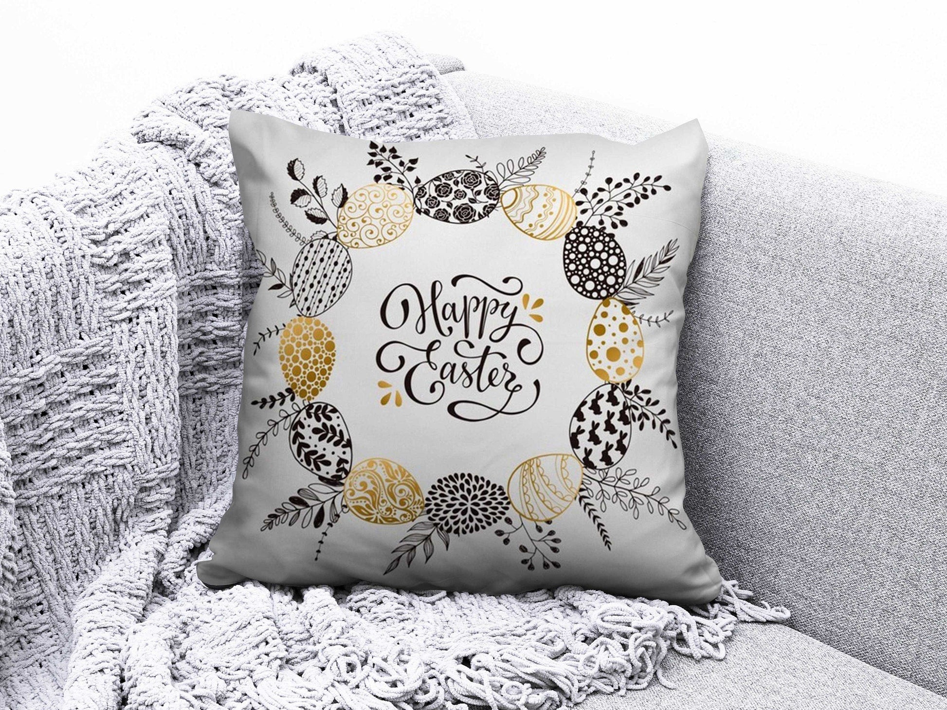 Onay 3 / 12 x 12 inch (30 x 30 cm) Double Side Happy Easter Concept Bunny Painted Eggs Cushion Cover