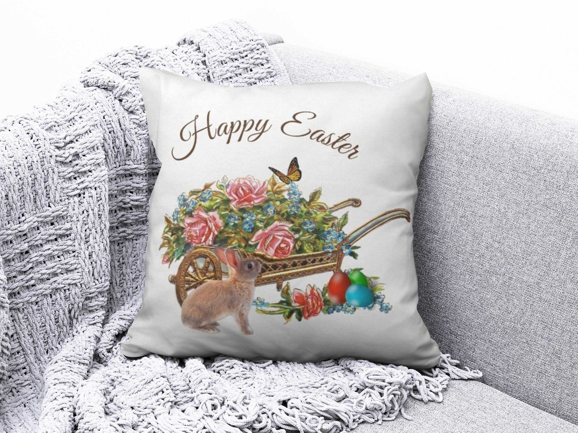 Onay 2 / 12 x 12 inch (30 x 30 cm) Double Side Happy Easter Concept Bunny Painted Eggs Cushion Cover