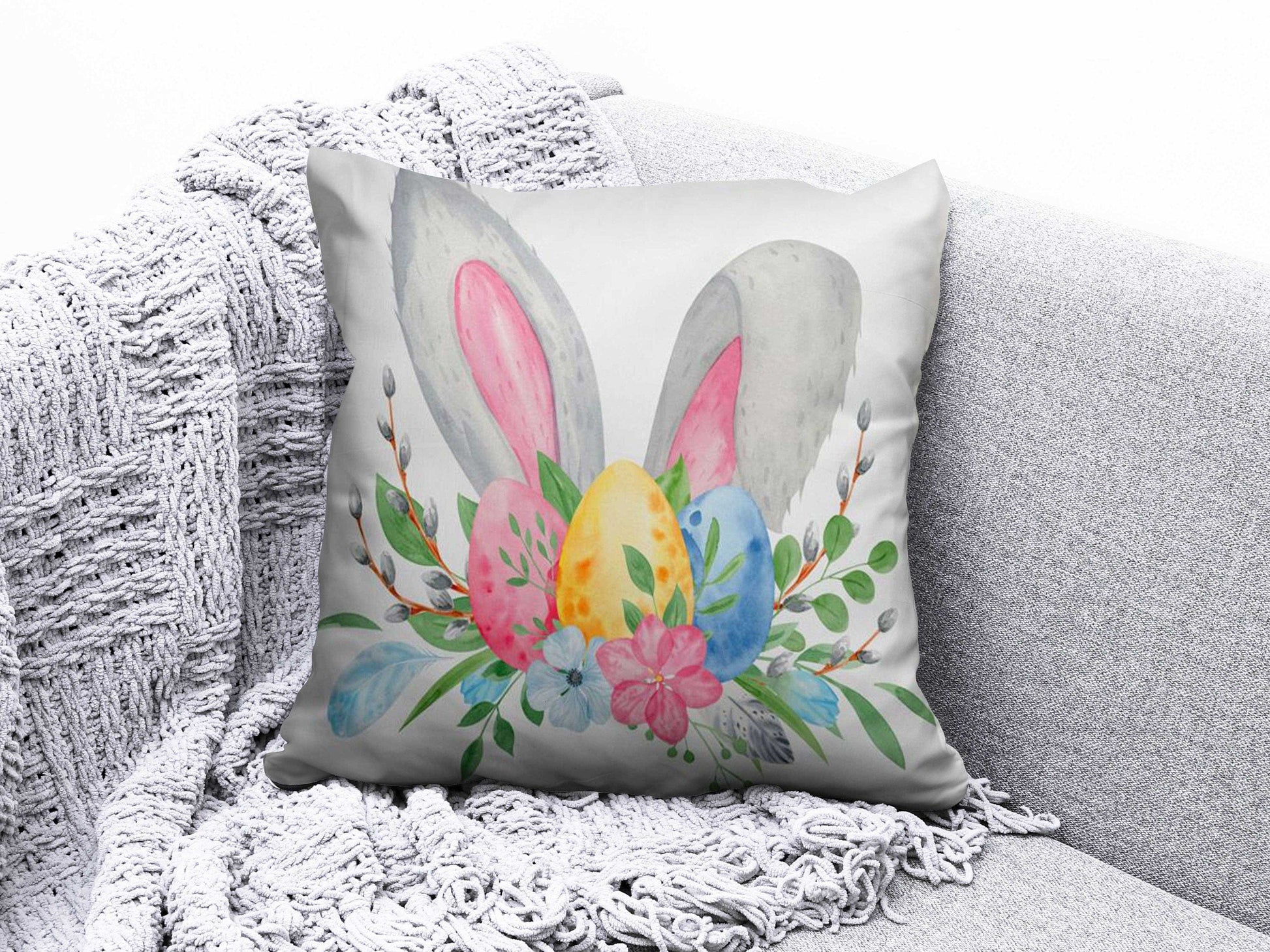 Onay 2 / 12 x 12 inch (30 x 30 cm) Happy Easter Cute Rabbit Easter Decorative Cushion Cover