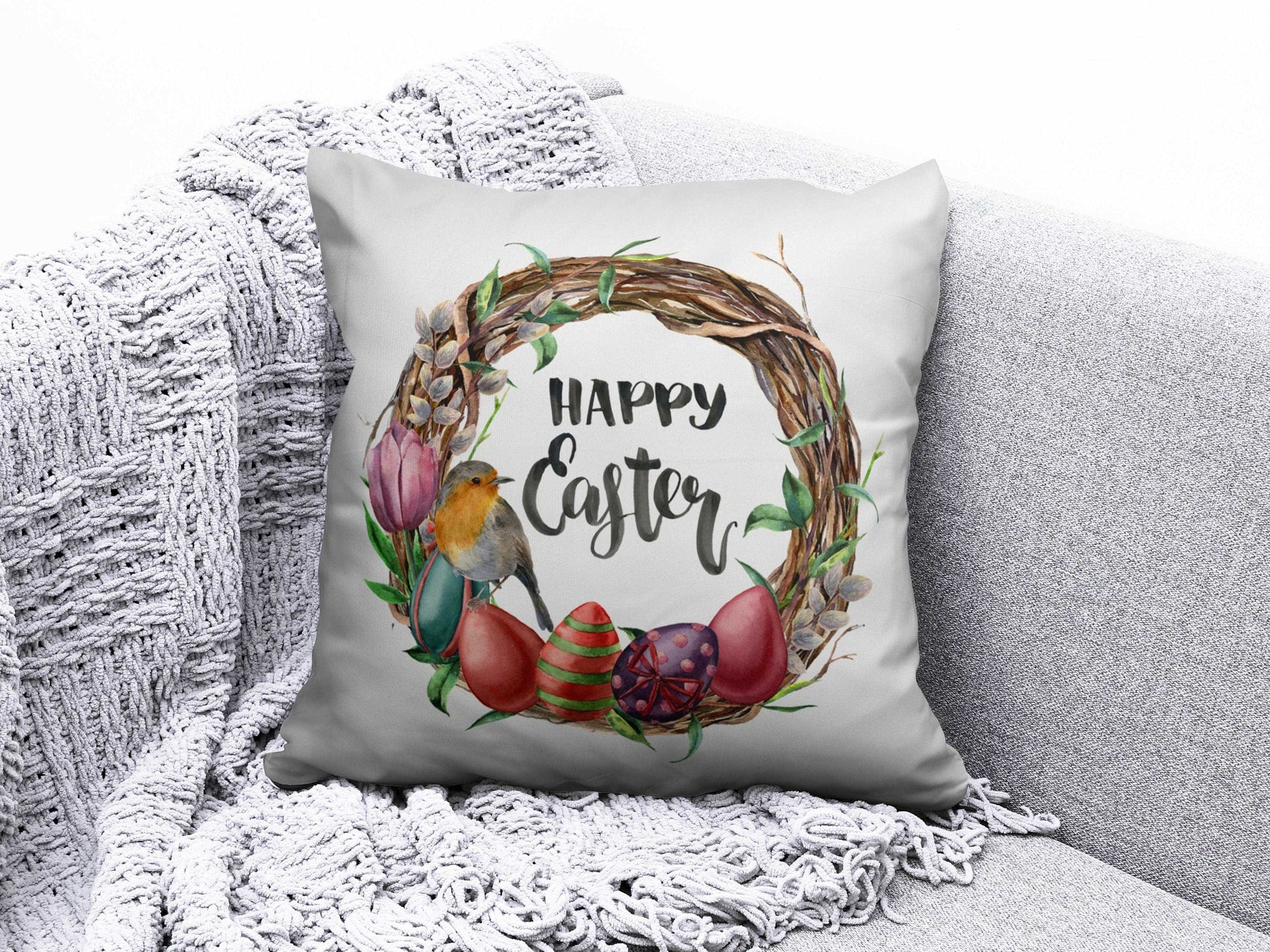 Onay 8 / 12 x 12 inch (30 x 30 cm) Happy Easter Spring Bunny Painted Eggs Cushion Cover