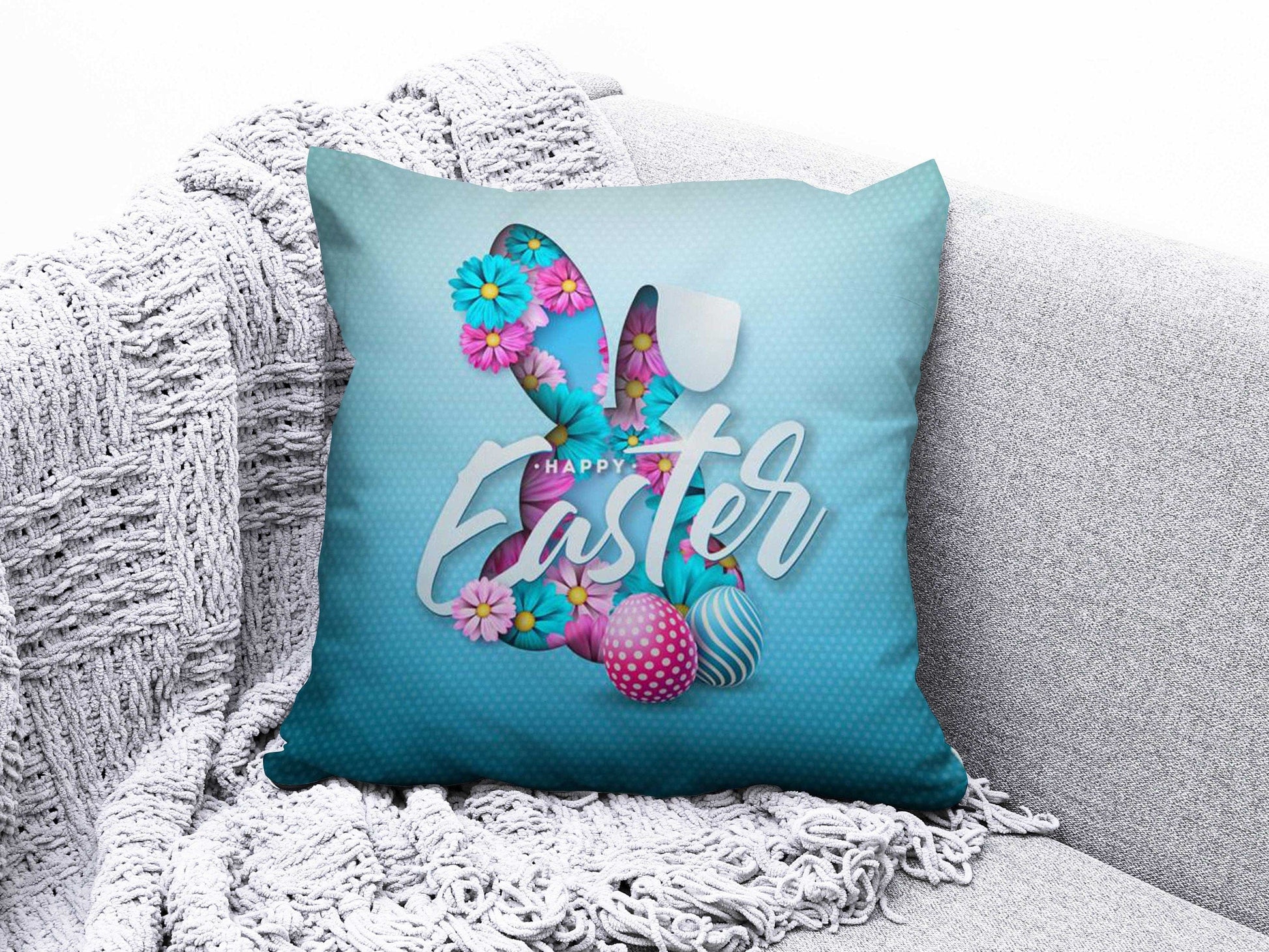 Onay 5 / 12 x 12 inch (30 x 30 cm) Happy Easter Spring Bunny Painted Eggs Cushion Cover