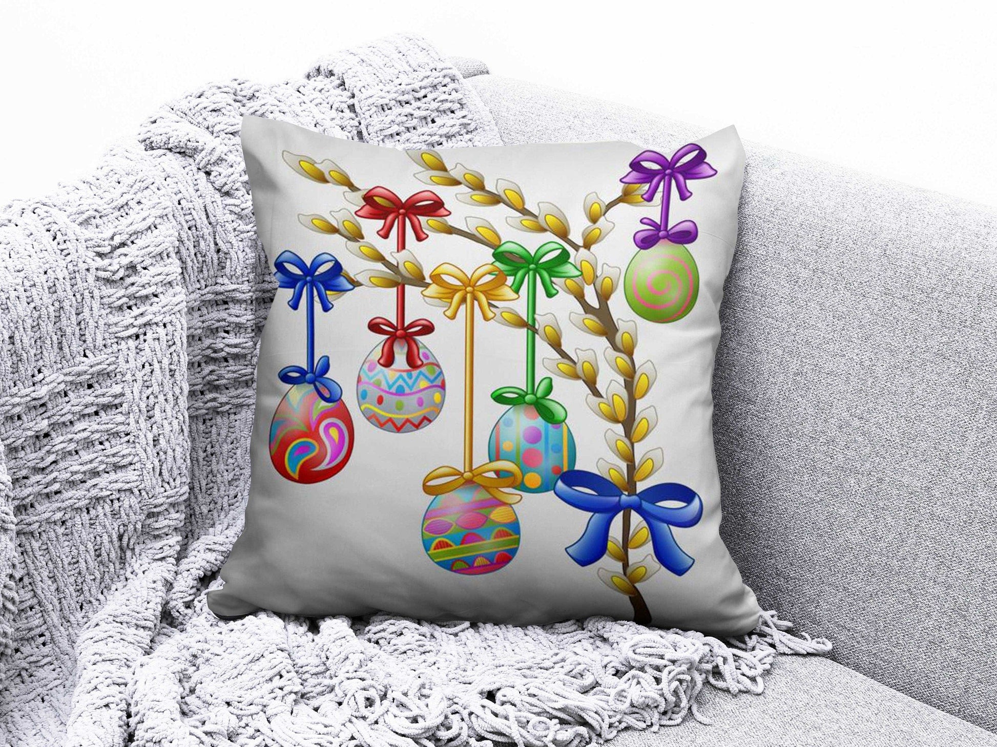 Onay 2 / 12 x 12 inch (30 x 30 cm) Happy Easter Spring Bunny Painted Eggs Cushion Cover