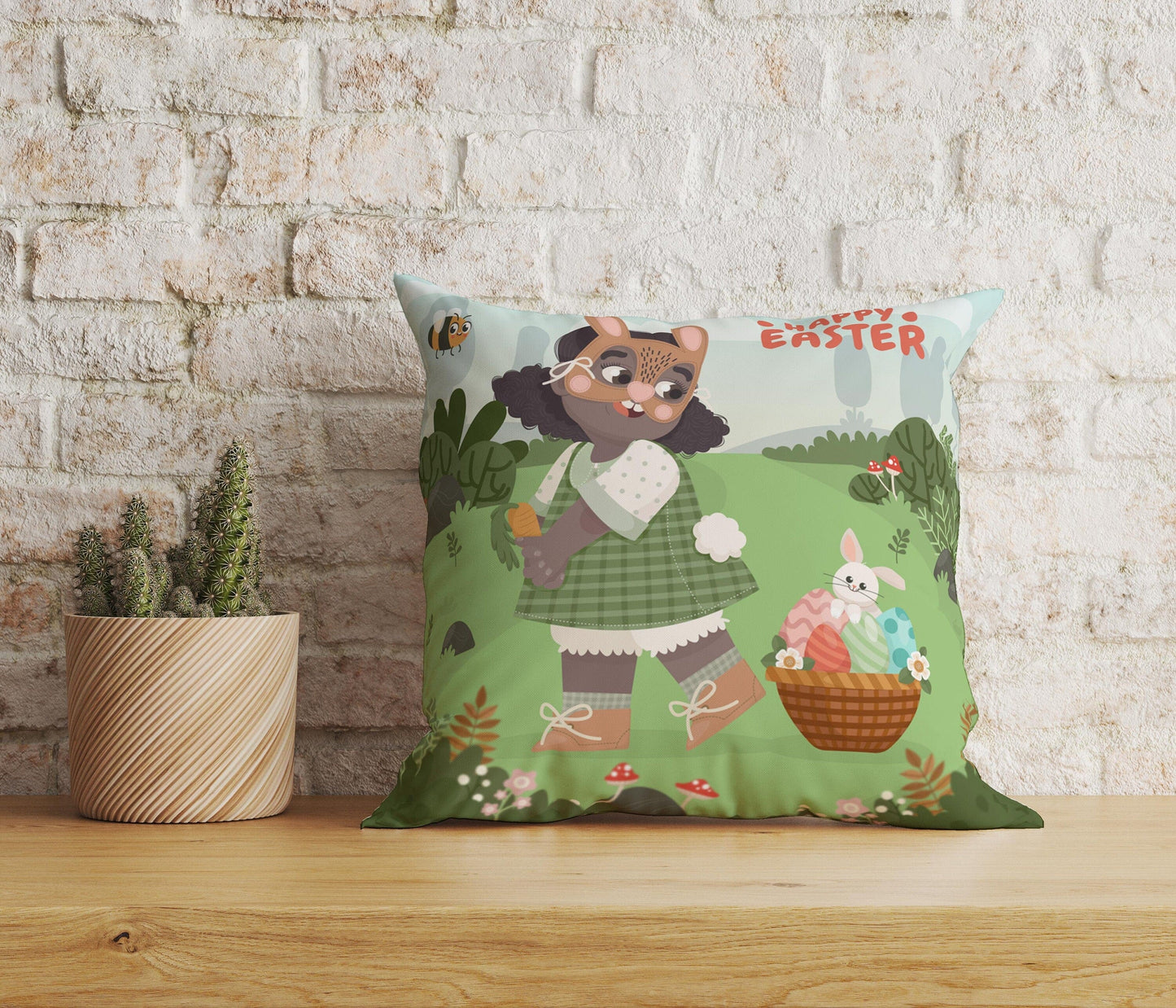 Onay Home Textile Cushion Covers 5 / 12 x 12 inch (30 x 30 cm) Double Side Hello Easter Cushion Cover With Little Girl Happy Easter