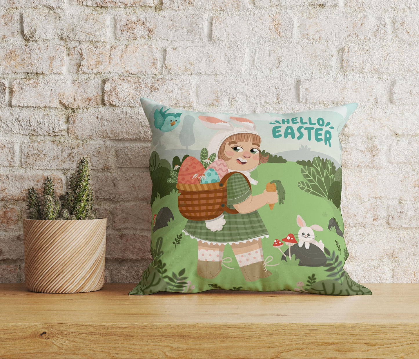 Onay Home Textile Cushion Covers 3 / 12 x 12 inch (30 x 30 cm) Double Side Hello Easter Cushion Cover With Little Girl Happy Easter