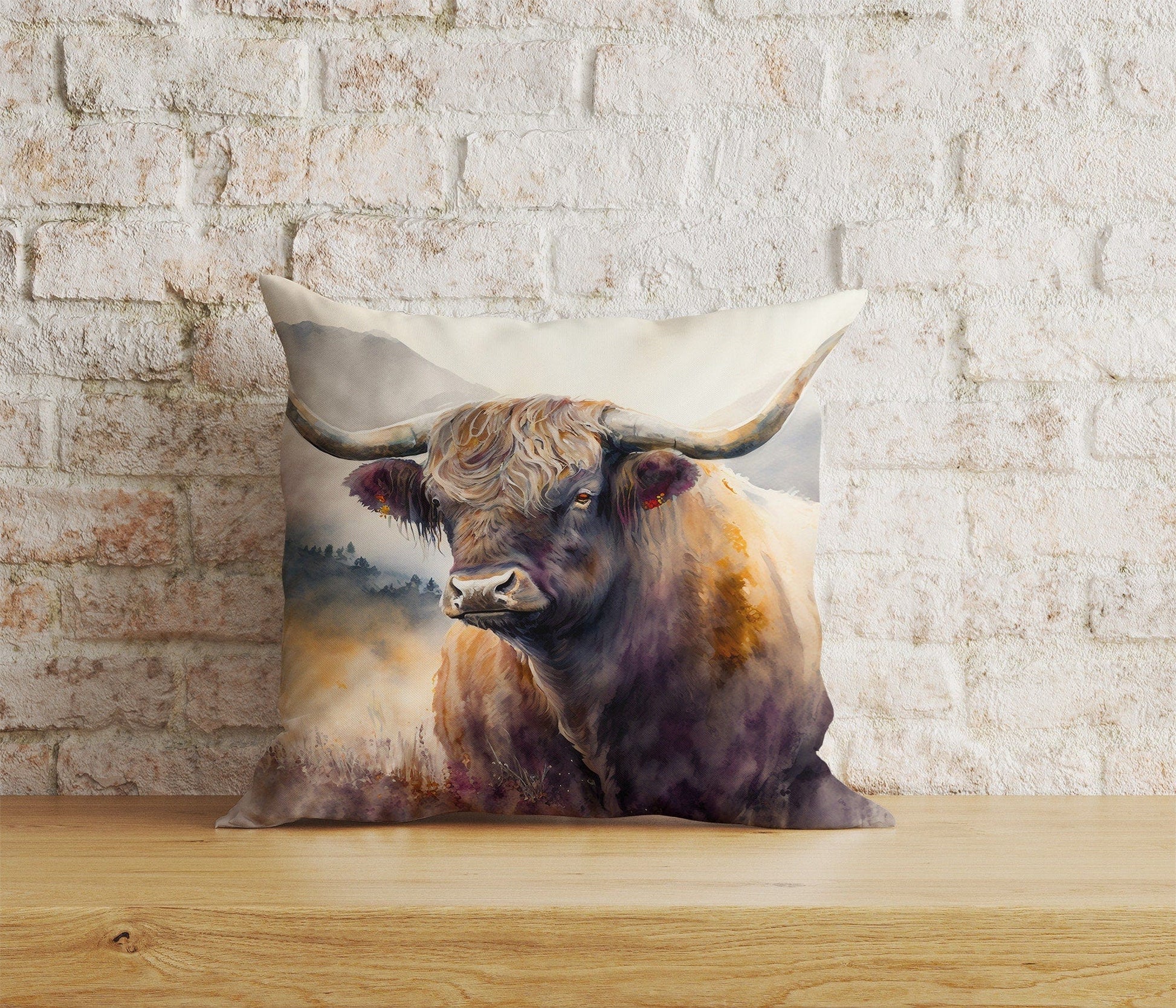 Onay Home Textile Cushion Covers 9 / 12 x 12 inch (30 x 30 cm) Double Side Highland Cow Cushion Cover Horns and Long Cow Throw Cushions