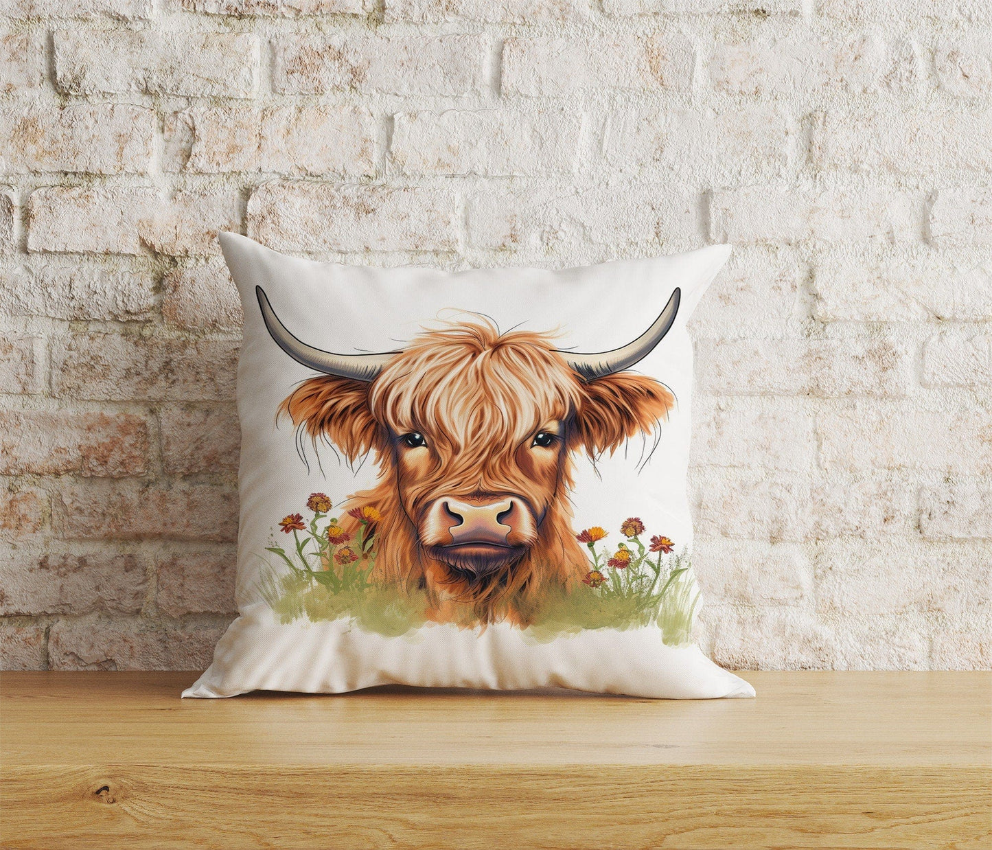Onay Home Textile Cushion Covers 2 / 12 x 12 inch (30 x 30 cm) Double Side Highland Cow Cushion Cover Horns and Long Cow Throw Cushions