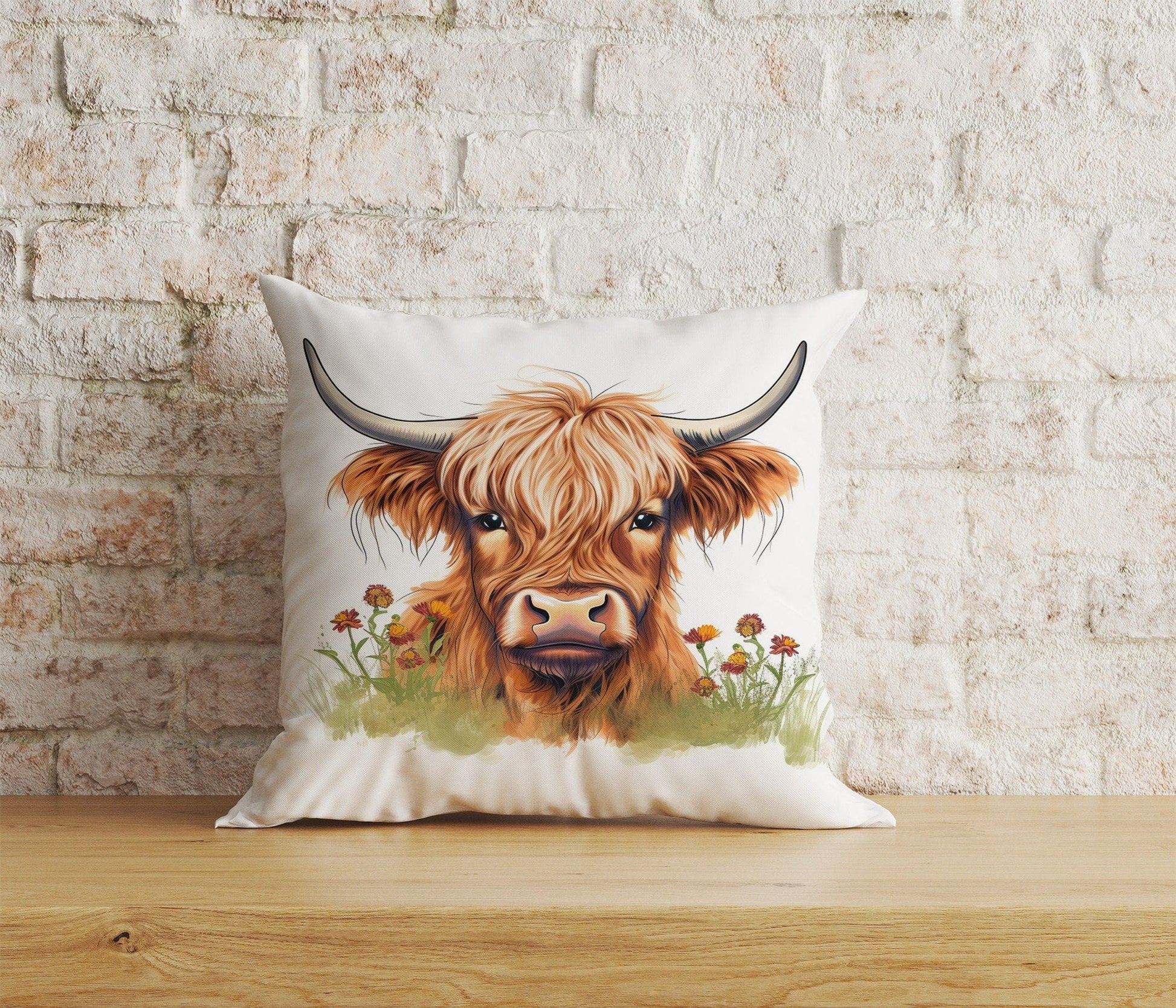 Onay Home Textile Cushion Covers 2 / 12 x 12 inch (30 x 30 cm) Double Side Highland Cow Cushion Cover Horns and Long Cow Throw Cushions