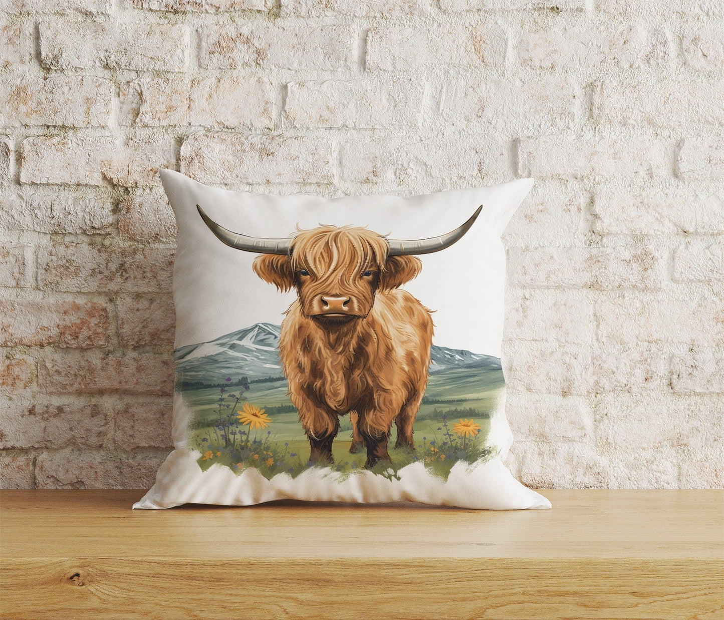 Onay Home Textile Cushion Covers 1 / 12 x 12 inch (30 x 30 cm) Double Side Highland Cow Cushion Cover Horns and Long Cow Throw Cushions