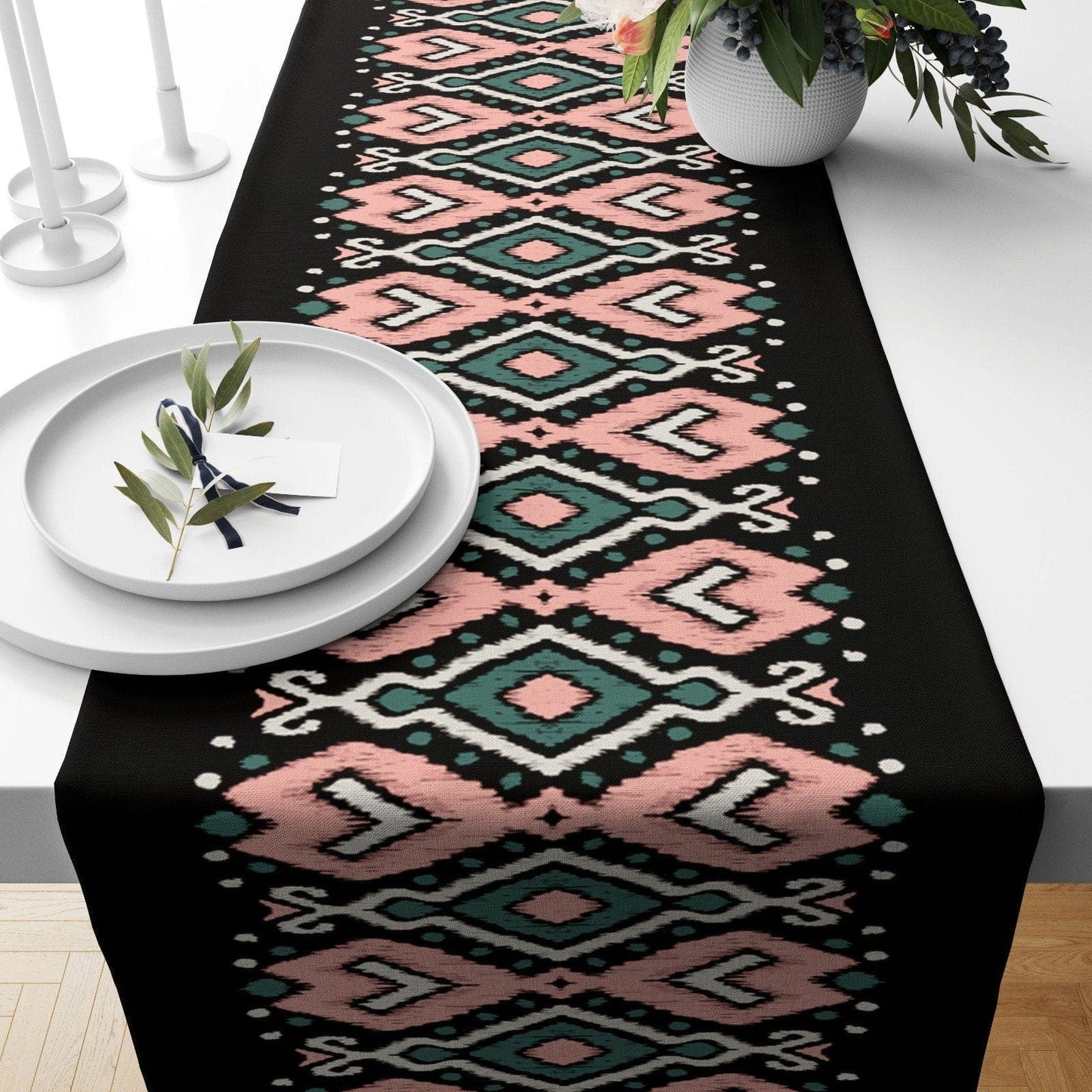 Onay 3 / 12 x 46 inch (30 x 120 cm) Ikat Geometric Black & White Home Decor Table Runner