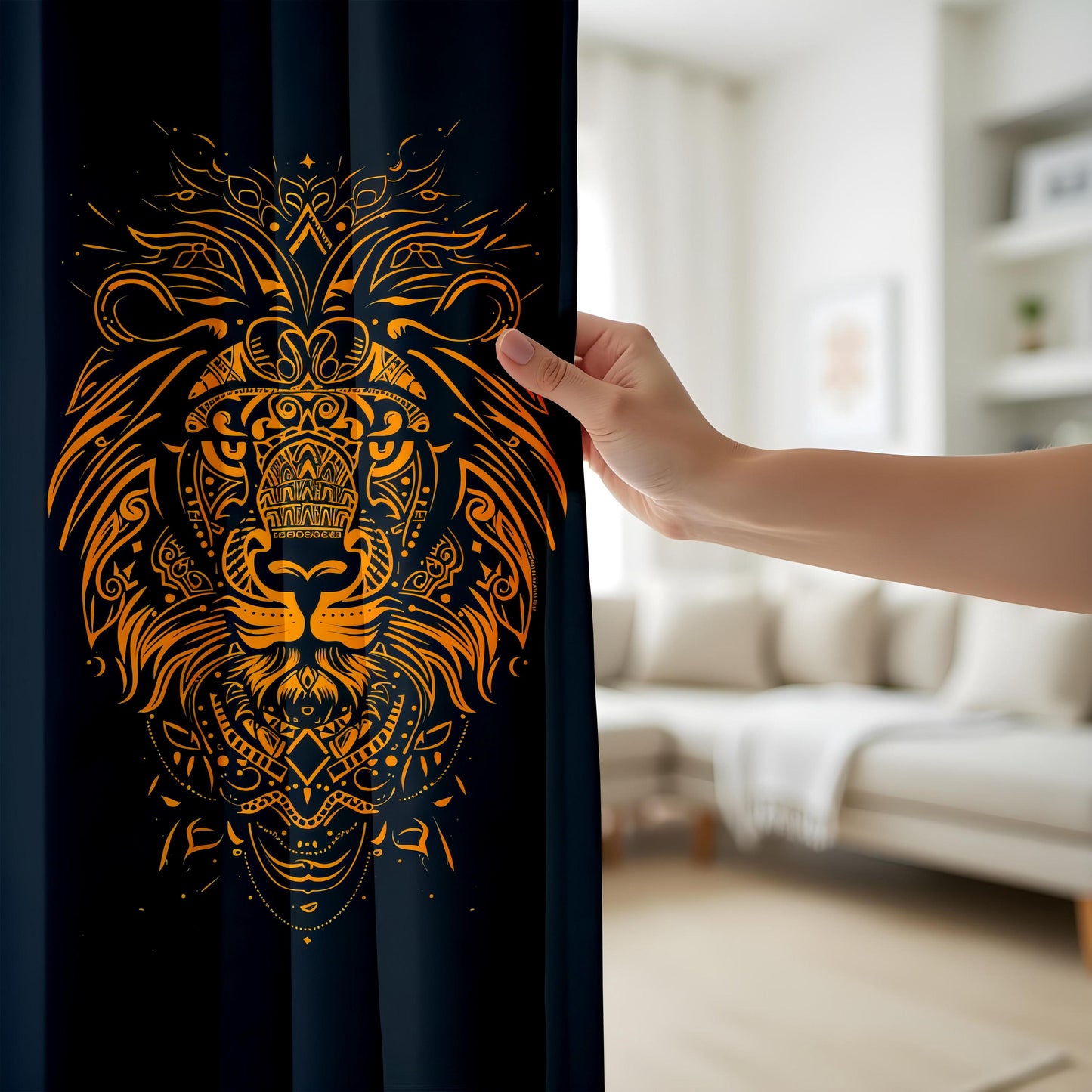 Tribal Lion Head Living Room Curtains, Gold Mandala Animal Drapes