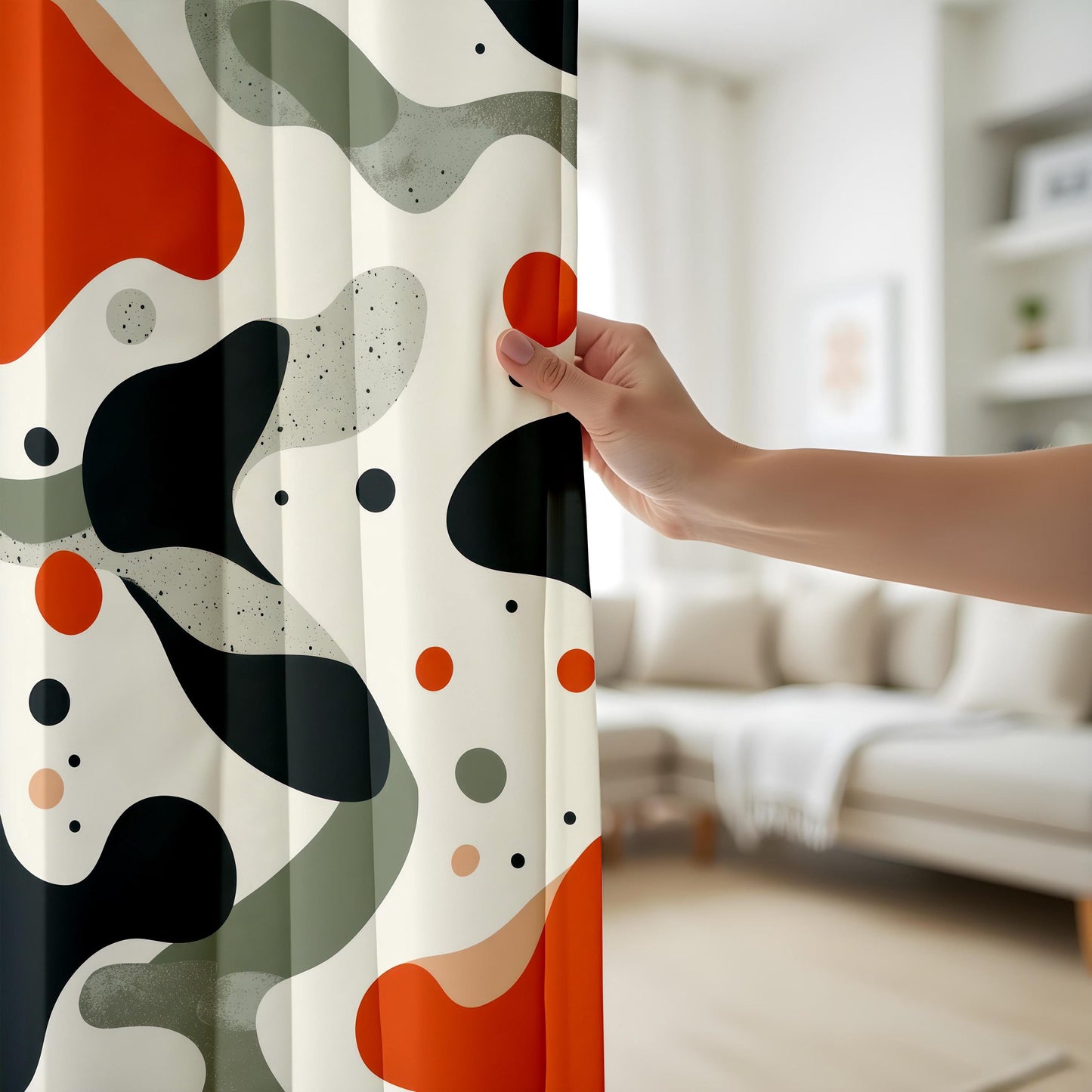 Bold Abstract Living Room Curtains, Orange Black Organic Panels