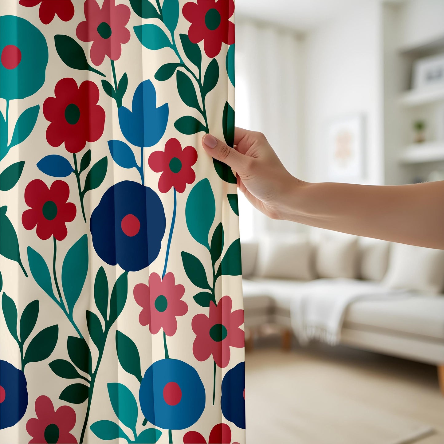 Charming Floral Curtains, Vibrant Red and Blue Flower Patterns