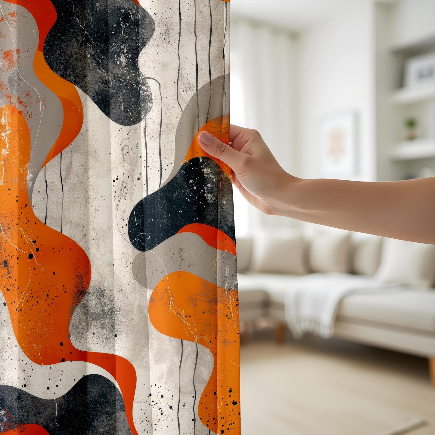 Abstract Modern Living Room Curtains, Orange and Grey Contemporary Drapes